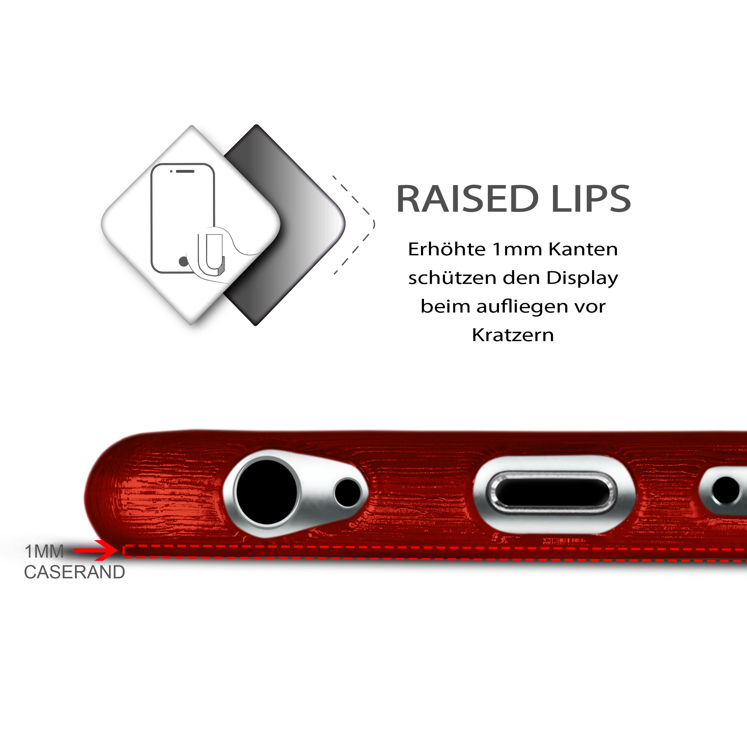 Nahaufnahme der Telefonkante, zeigt erhöhte Lippen und Eingangsöffnungen. Rotes Holzmuster.