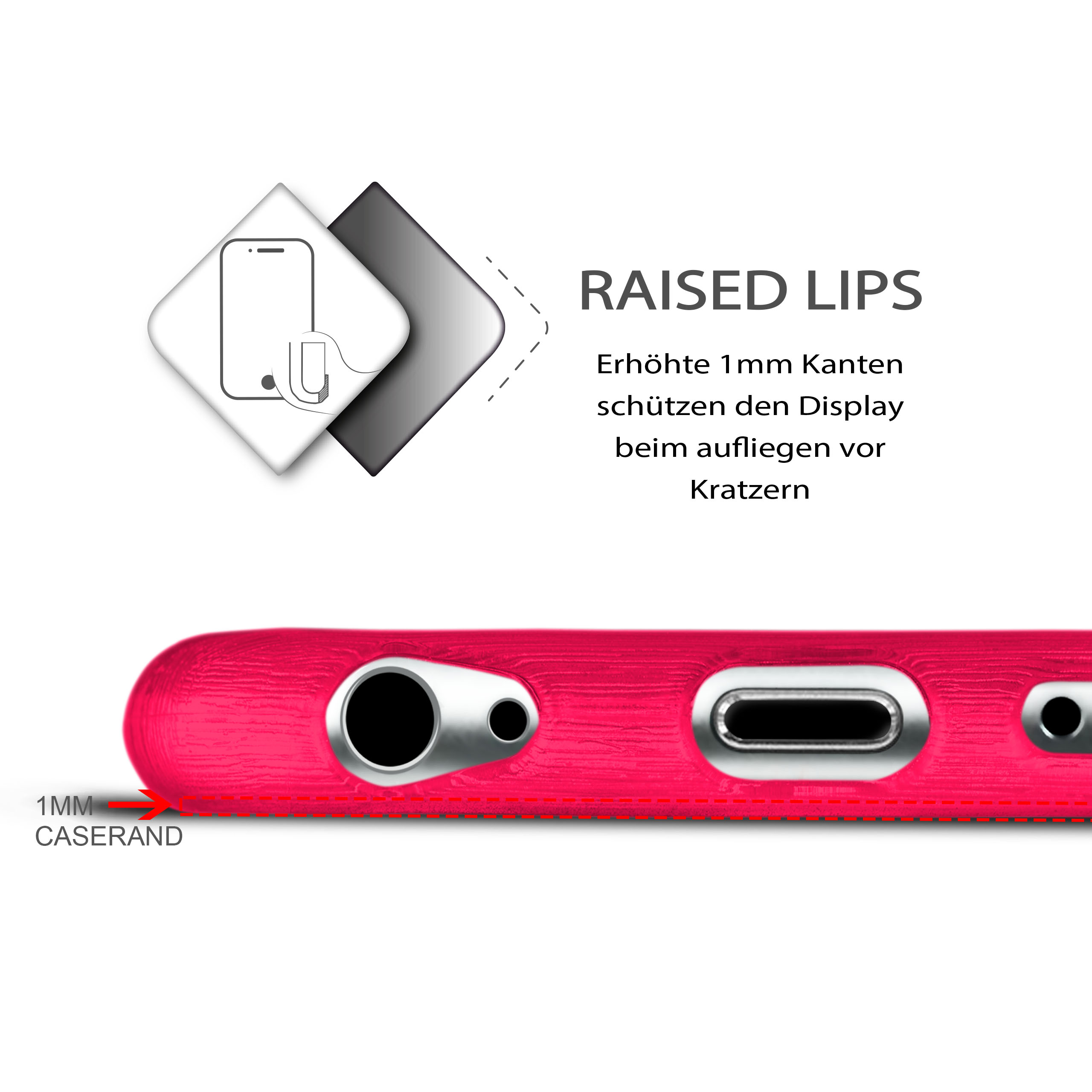 Nahaufnahme einer pinkfarbenen Handyhülle mit erhöhten Kanten und dem Text 'RAISED LIPS'.