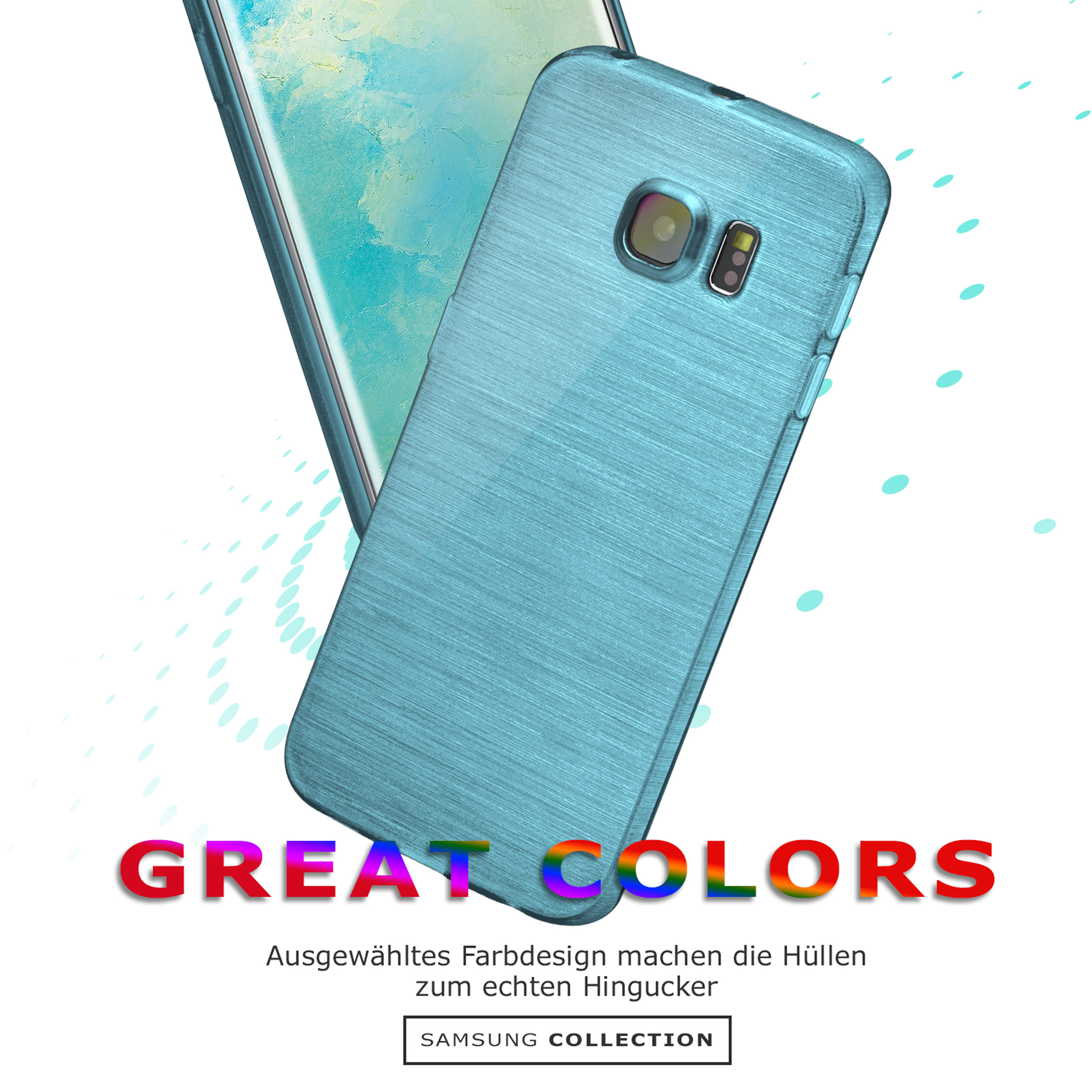 Eine Handyhülle auf einem Telefon, mit dem Text GREAT COLORS und dem Samsung-Logo.