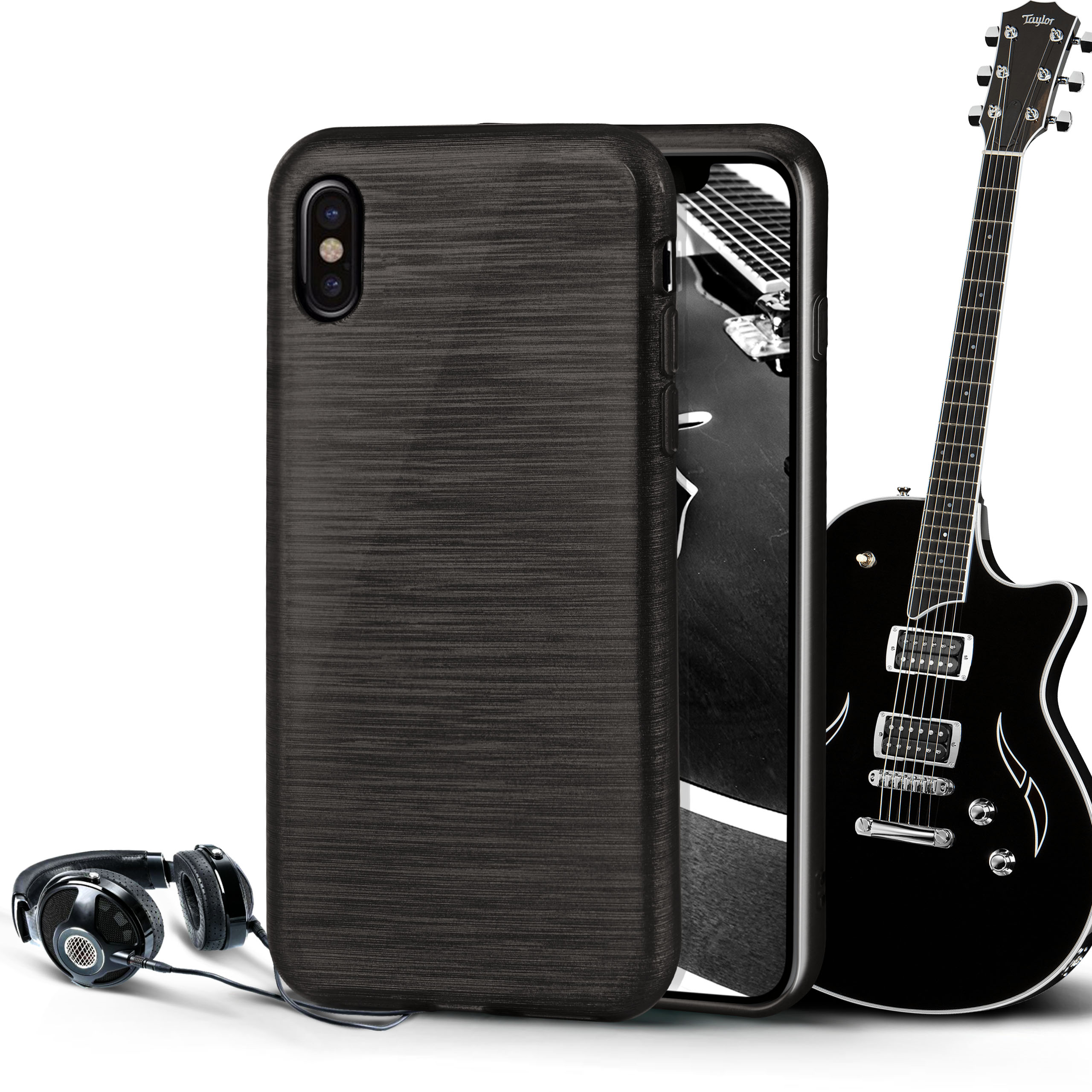 Schwarze Handyhülle auf Telefon mit Gitarre und Kopfhörern.