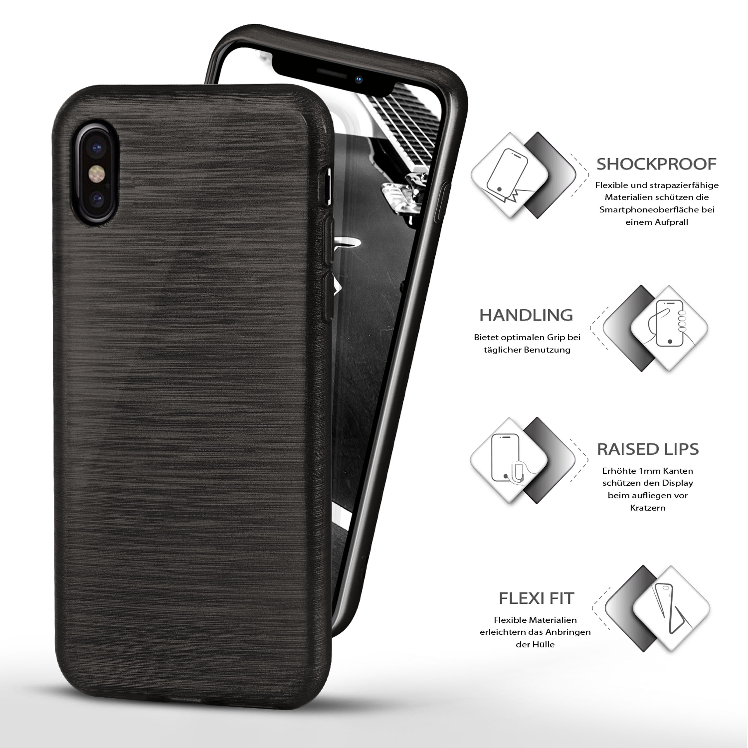 Schwarze Handyhülle mit Handy. Eigenschaften: stoßfest, Handhabung, erhöhte Ränder, Flexi Fit.