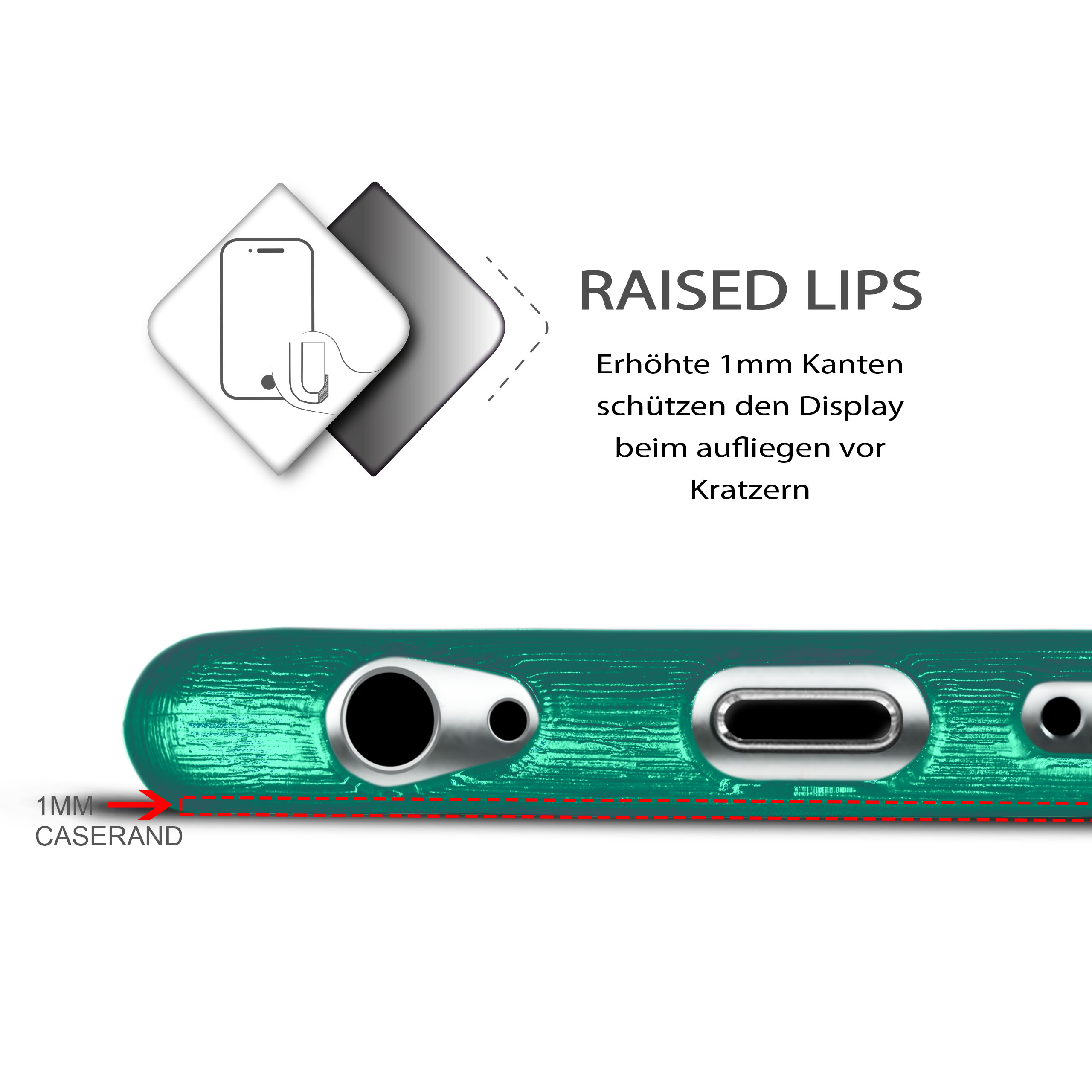 Nahaufnahme einer tealfarbenen Handyhülle mit Text: RAISED LIPS. Merkmale: 1mm Kanten. Anschlüsse sichtbar.