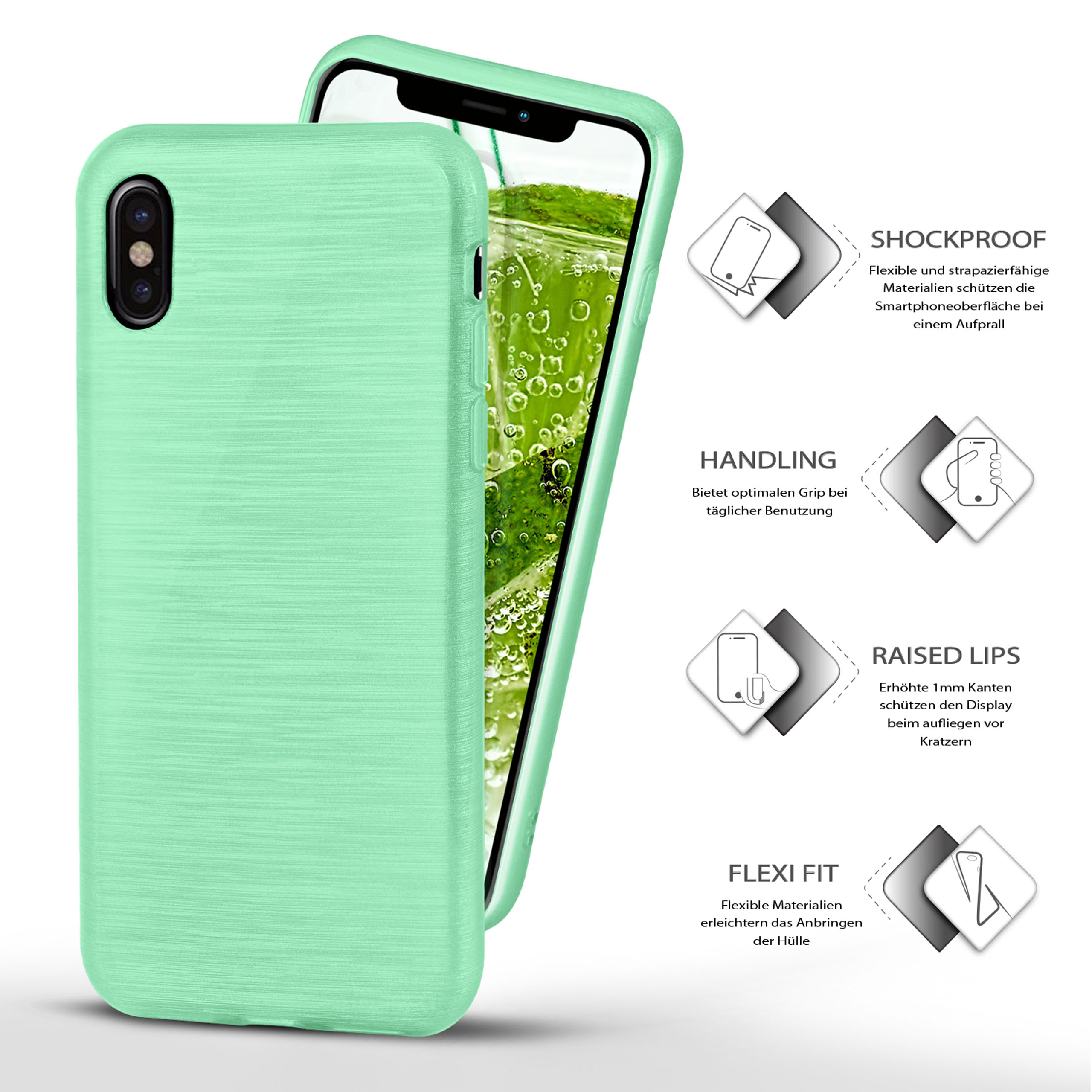 Mintgrüne Handyhülle mit Telefon darin und Textbeschreibungen.