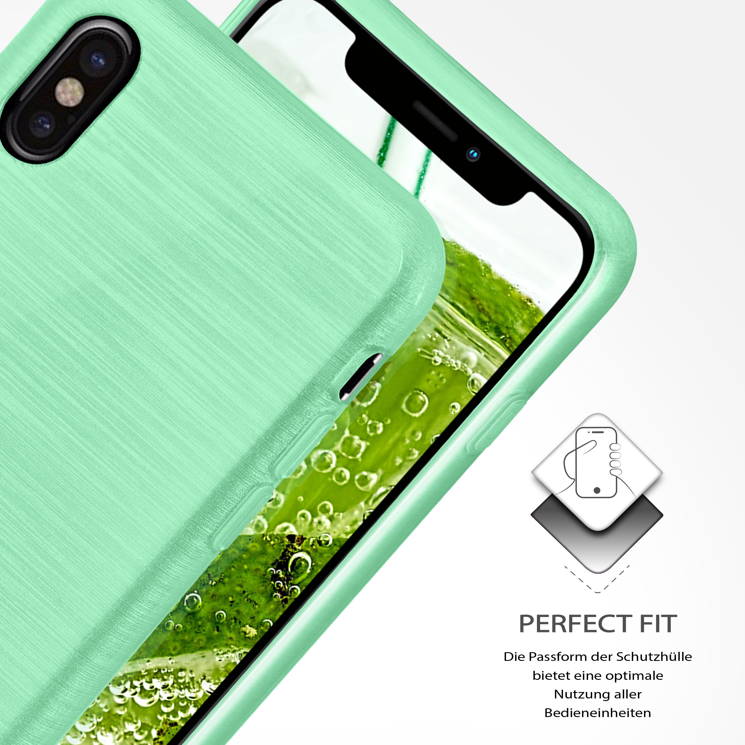 Mintgrüne Handyhülle auf einem Telefon, zeigt die Hülle und den Bildschirm.