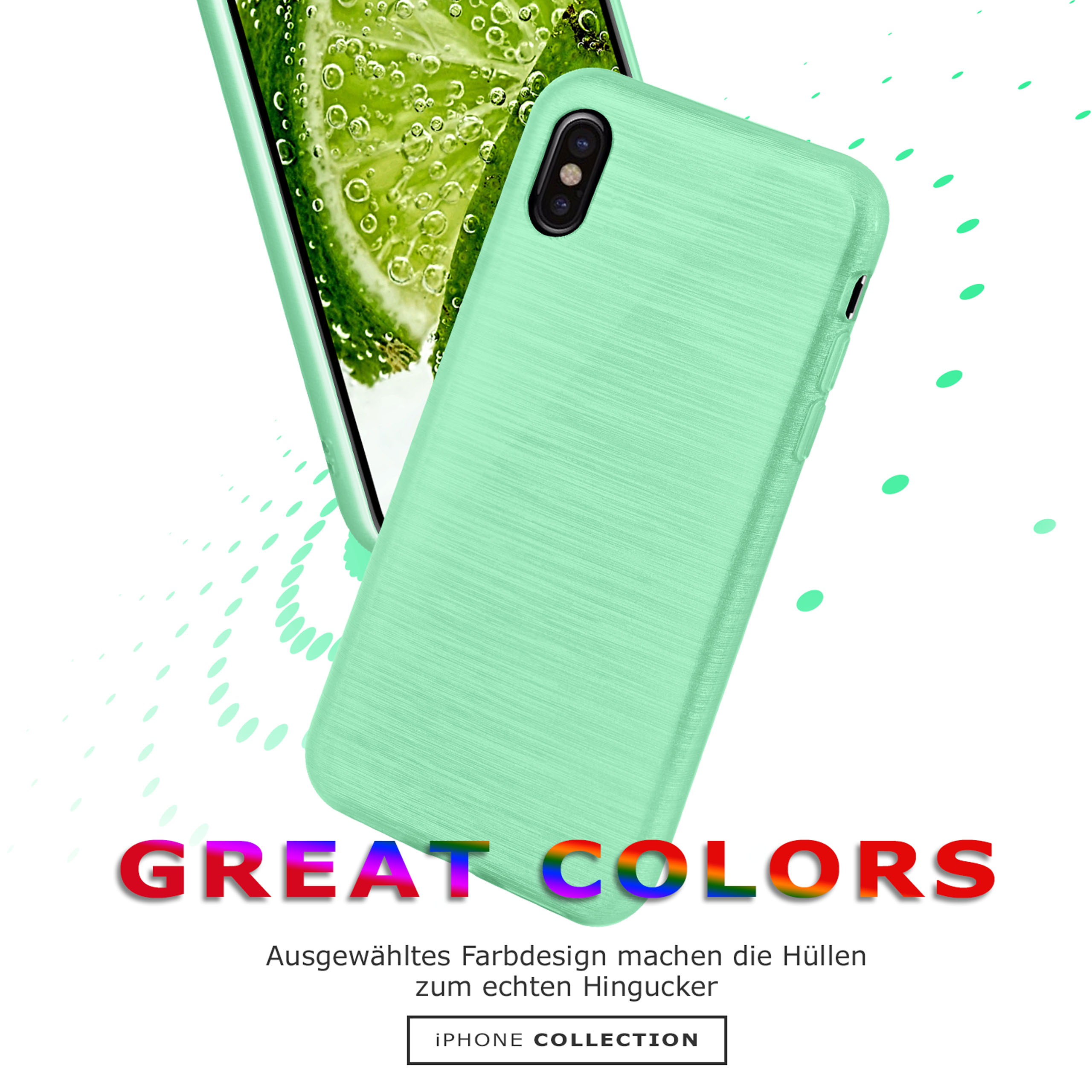 Grüne Handyhülle mit den Worten 'GREAT COLORS'. Eine Handyhülle im Hintergrund.