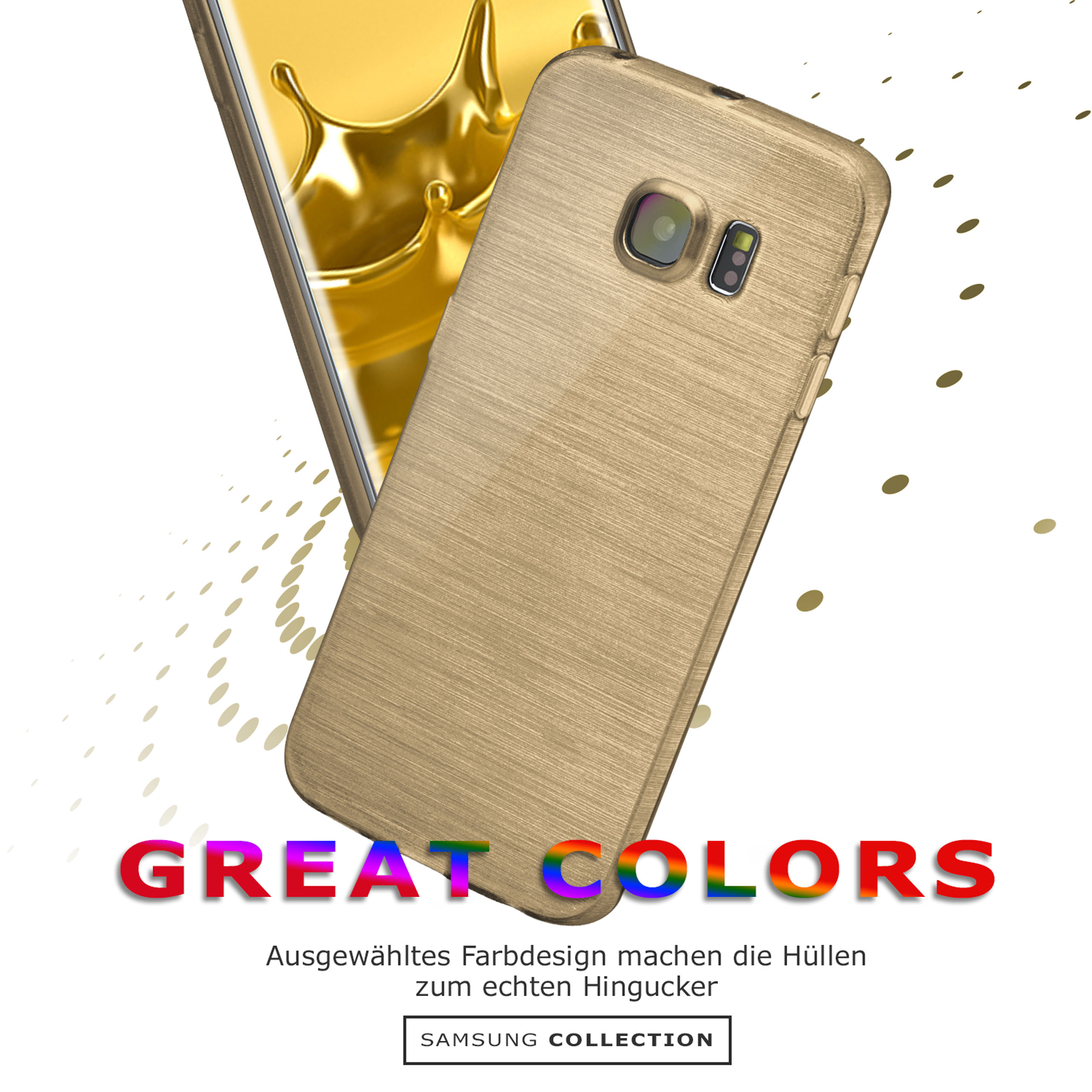 Goldene Handyhülle auf einem Telefon. Text lautet "Tolle Farben".