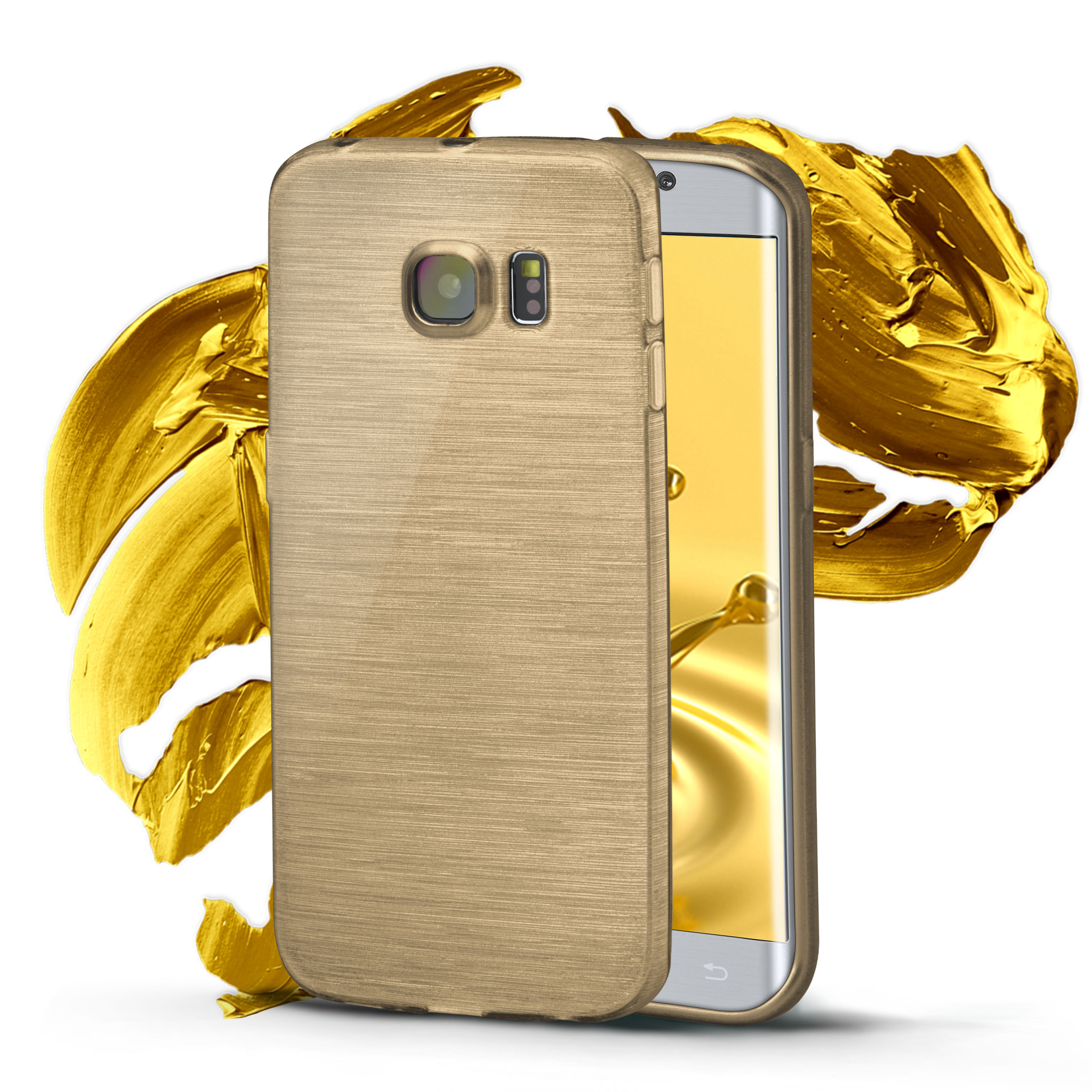 Goldene Handyhülle auf weißem Hintergrund mit goldenen Farbstrichen.
