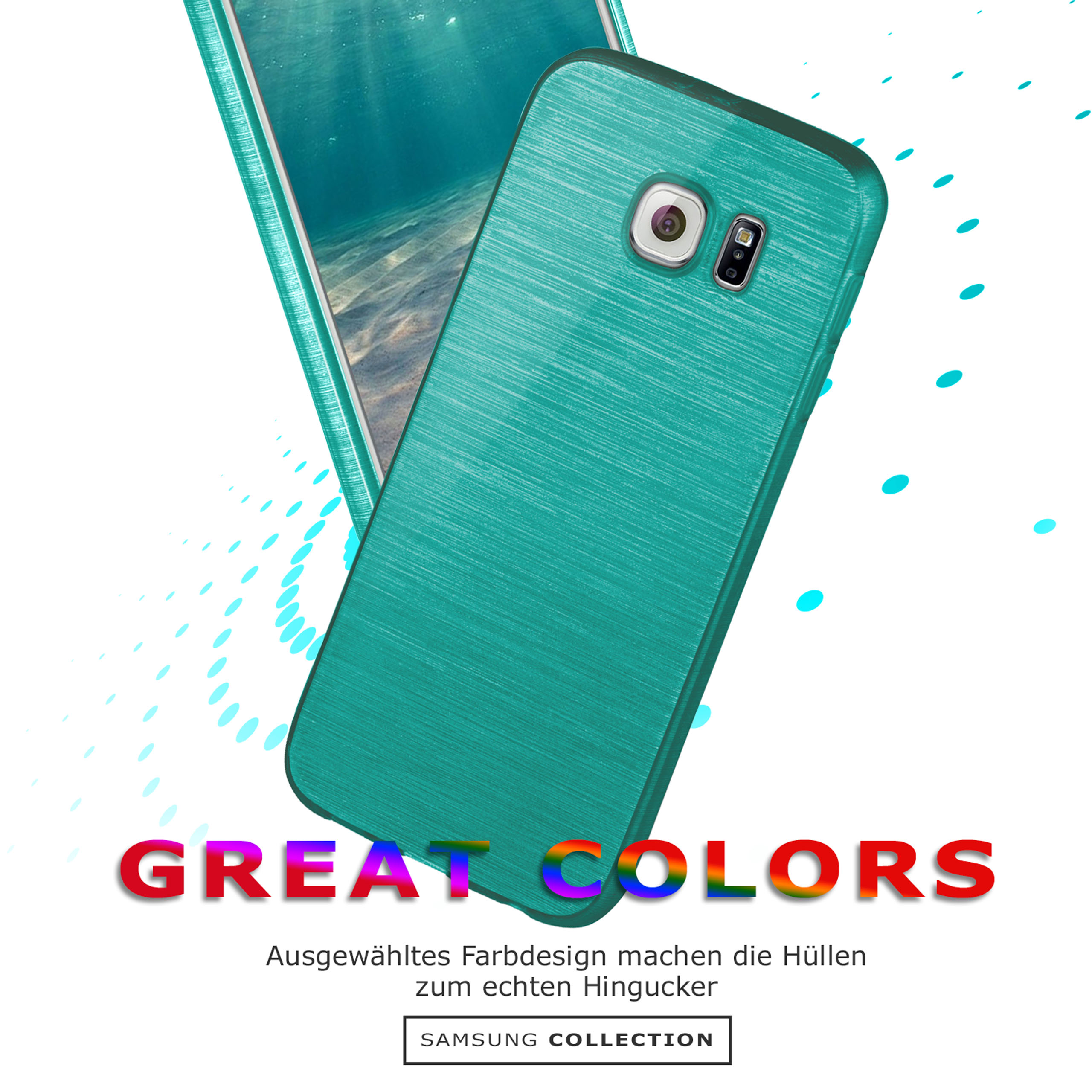 Türkisfarbene Handyhülle auf Weiß, mit Regenbogen-Text 'GREAT COLORS'.
