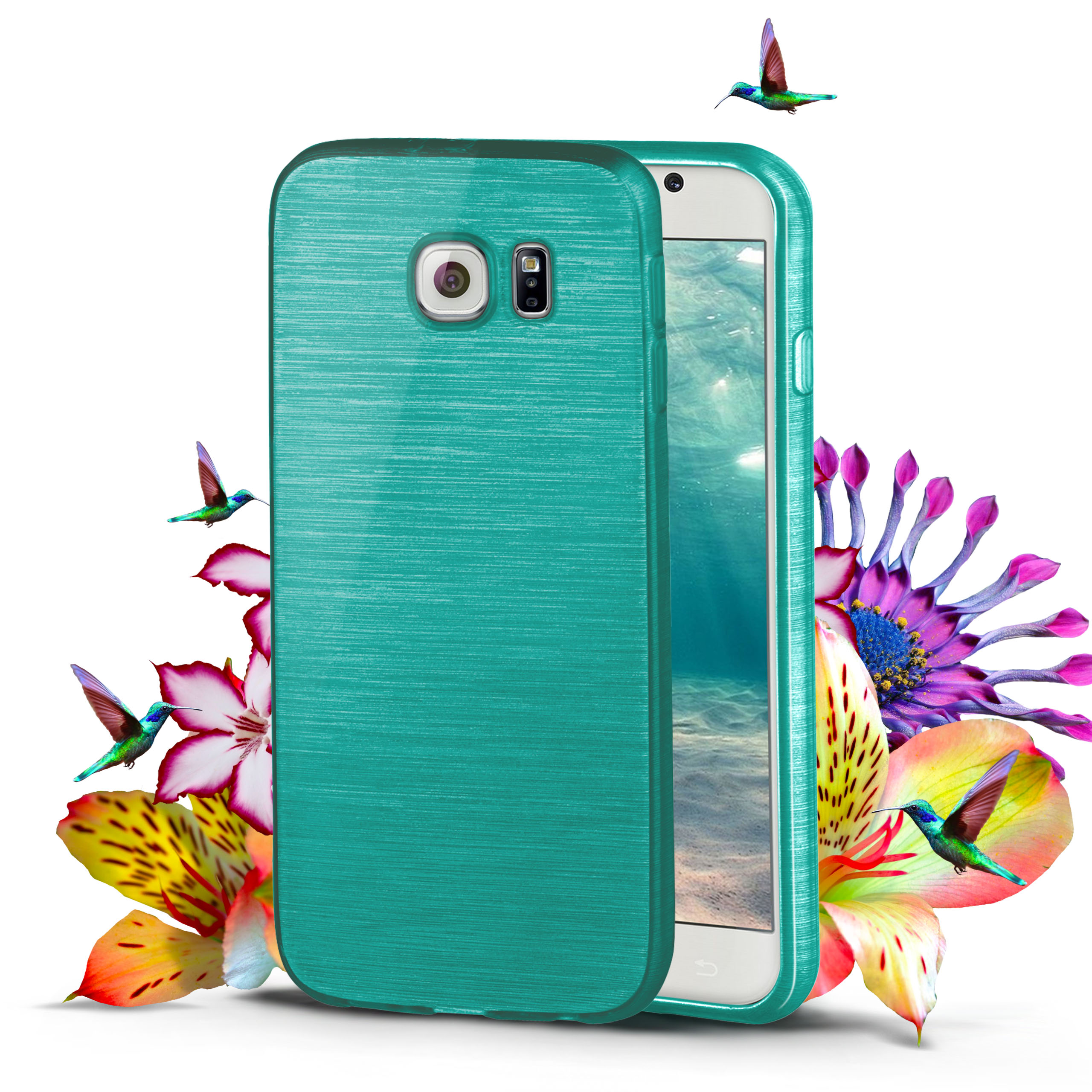 Türkisfarbene Handyhülle mit einem Telefon und Blumen. Kolibris fliegen um das Telefon.