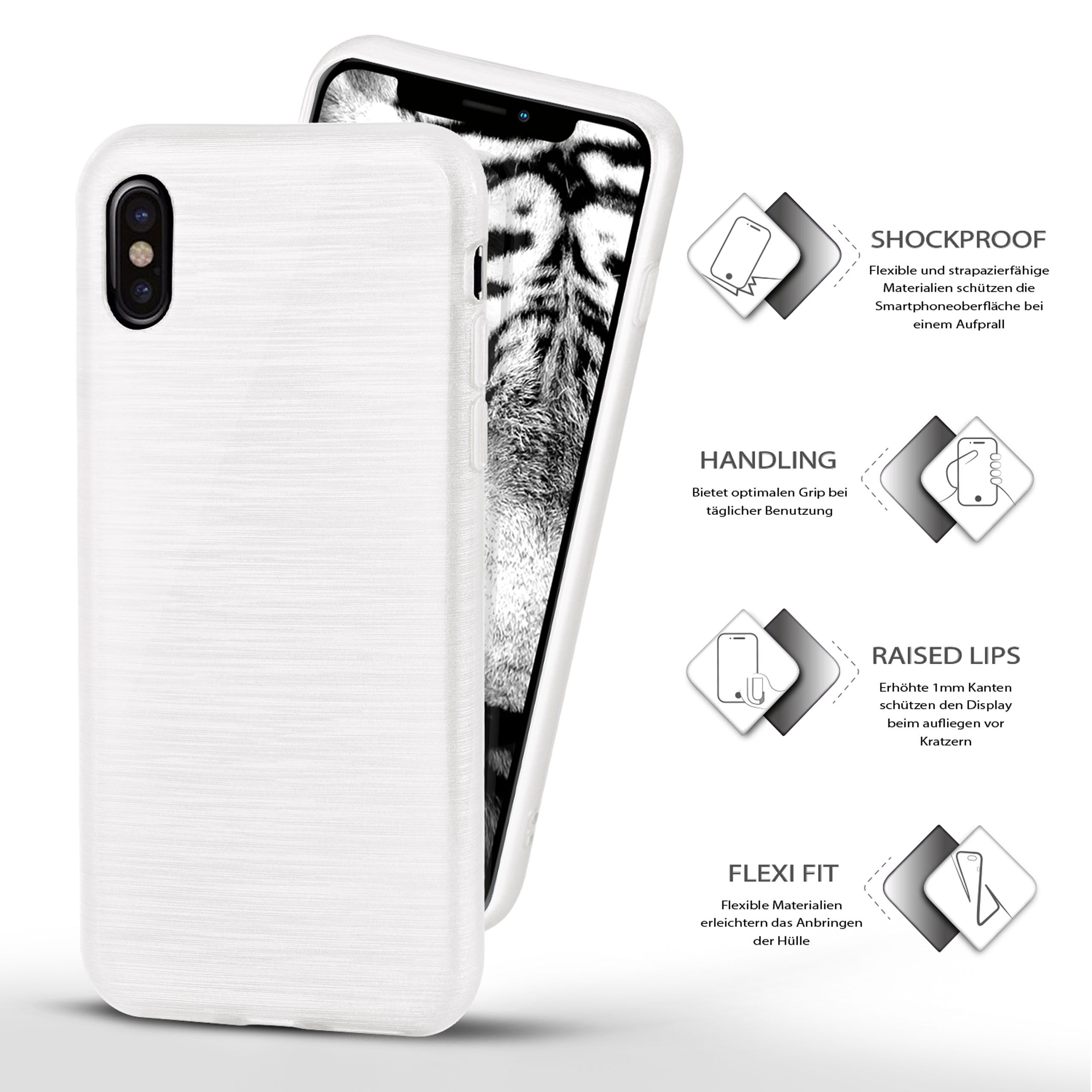 Weißes Handycase auf einem Handy. Text zeigt stoßfest, Handhabung, erhöhte Lippen und Flexi-Fit.