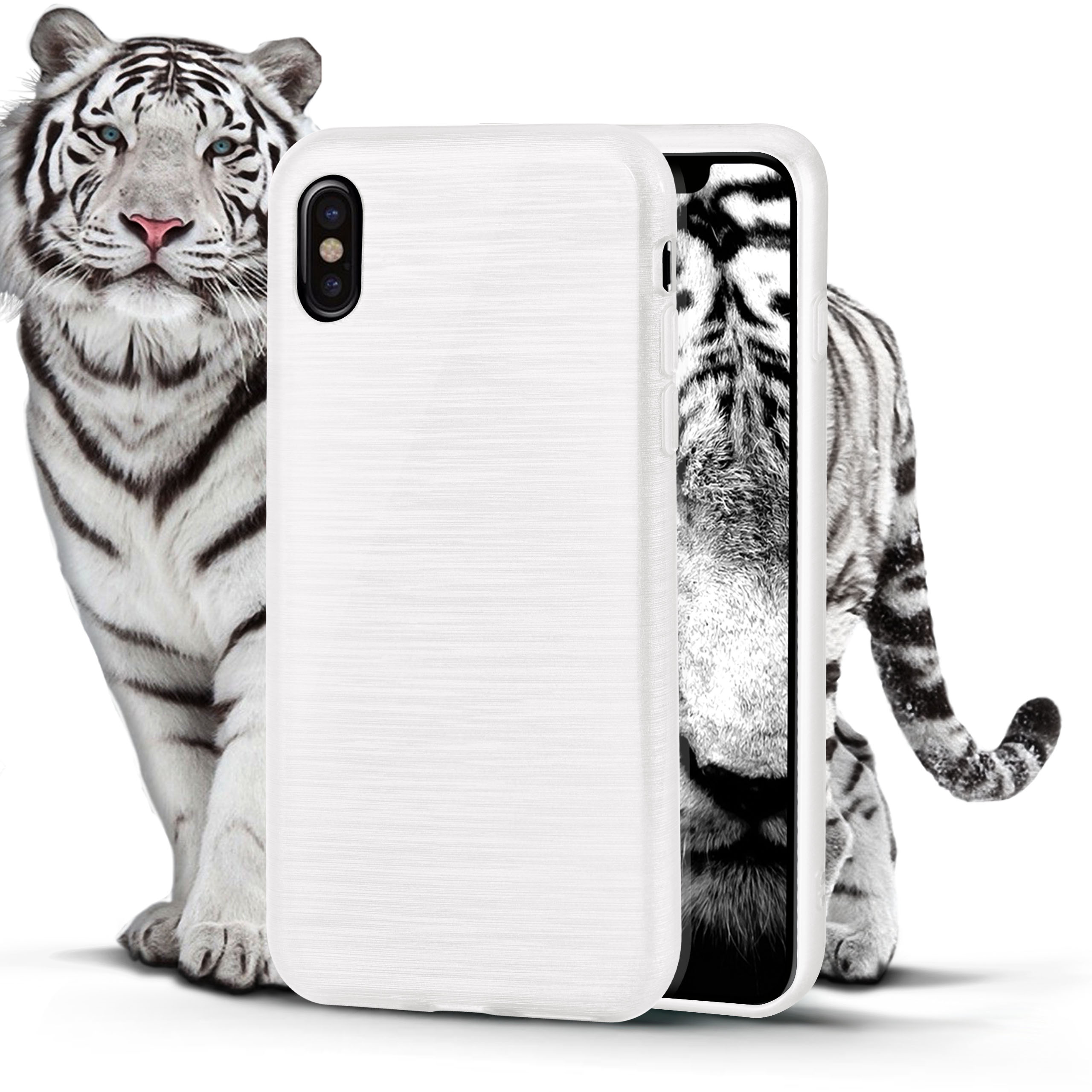 Weiße Handyhülle mit weißem Tiger. Die Hülle ist auf einem Telefon. Der Tiger ist im Hintergrund.