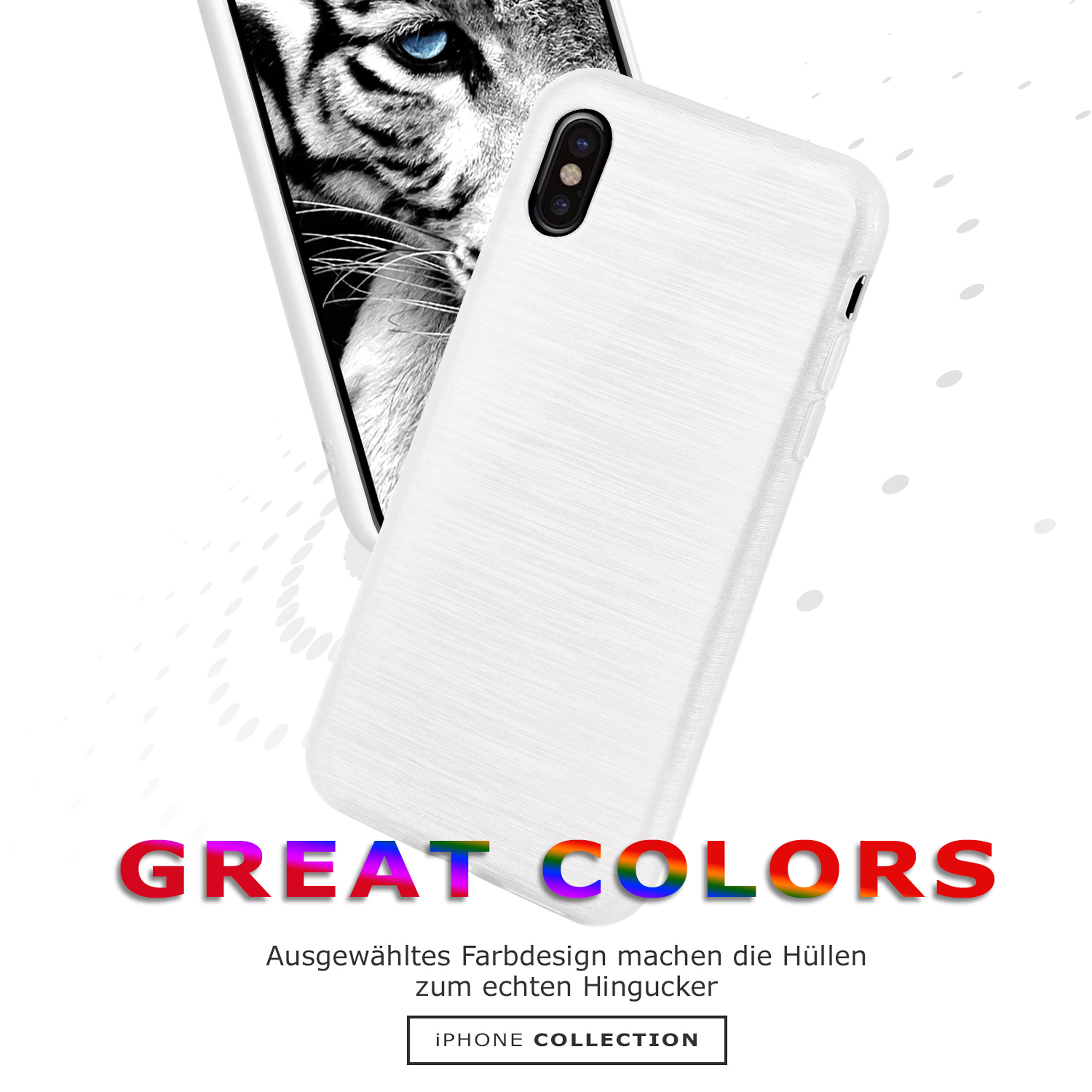 Weiße Handyhülle mit Tigerbild und weißem Telefon. Text: 'GREAT COLORS' und 'iPhone Collection'.