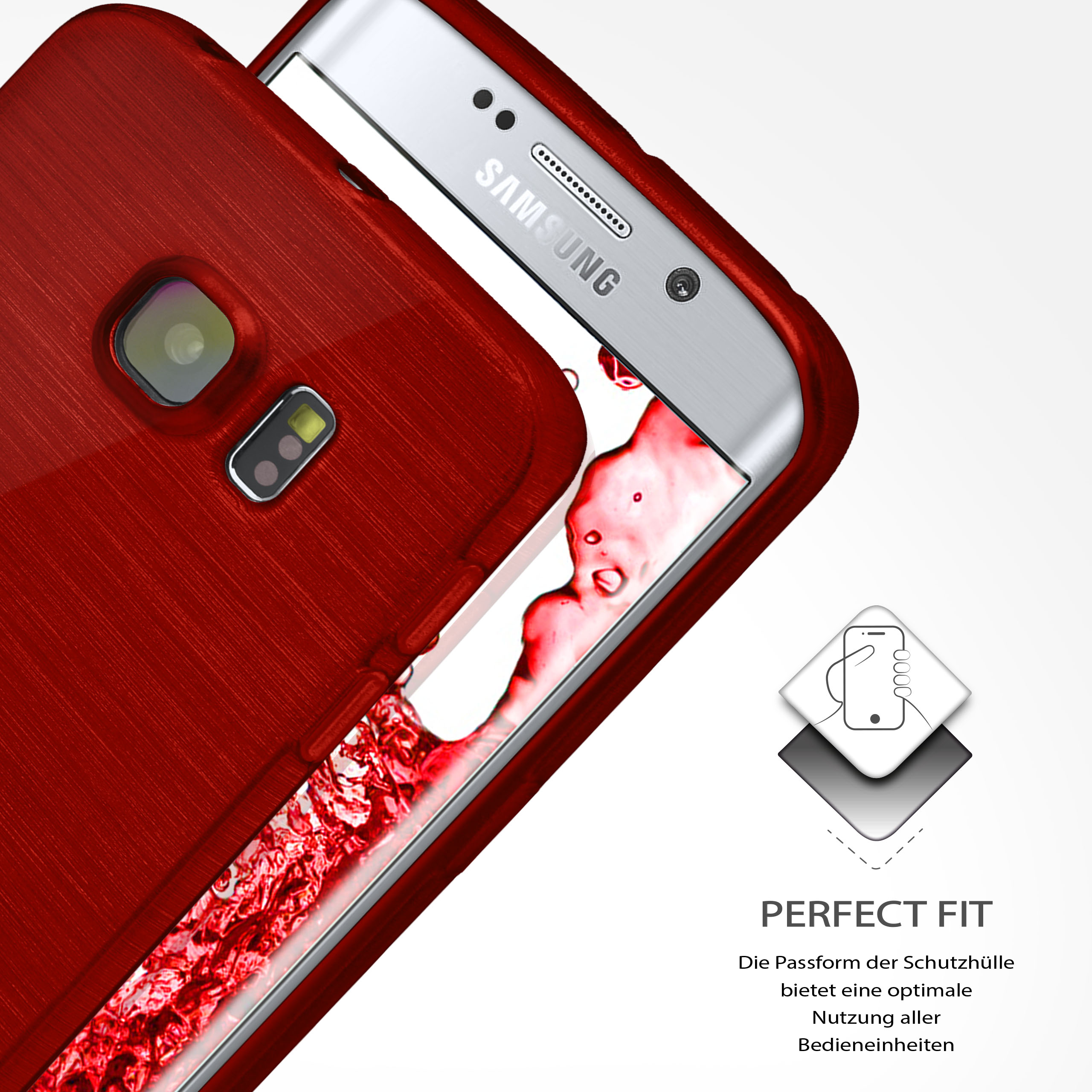 Rote Handyhülle mit Telefon. Text 'PERFECT FIT' sichtbar.