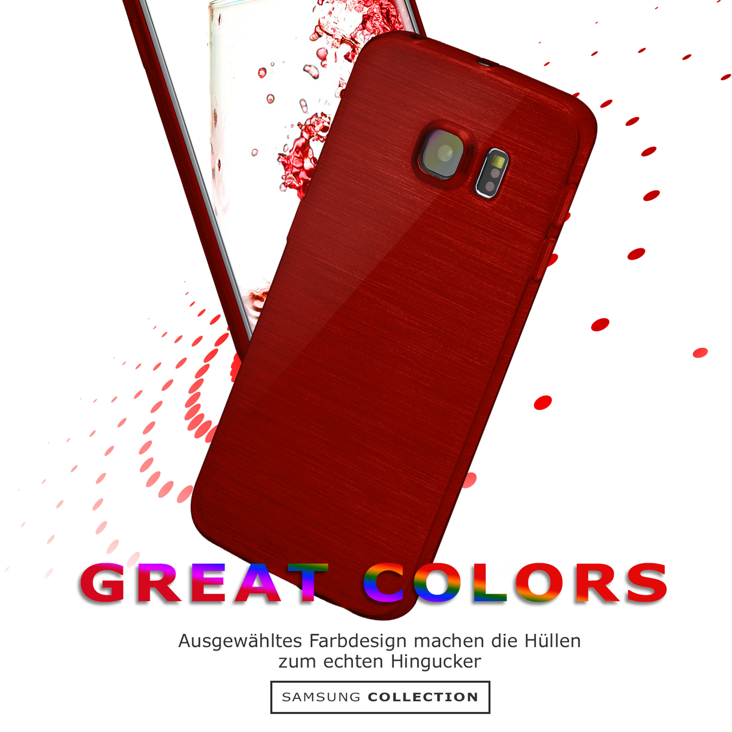 Rote Handyhülle mit passendem Handy auf weißem Hintergrund mit roten Spritzern und Text.