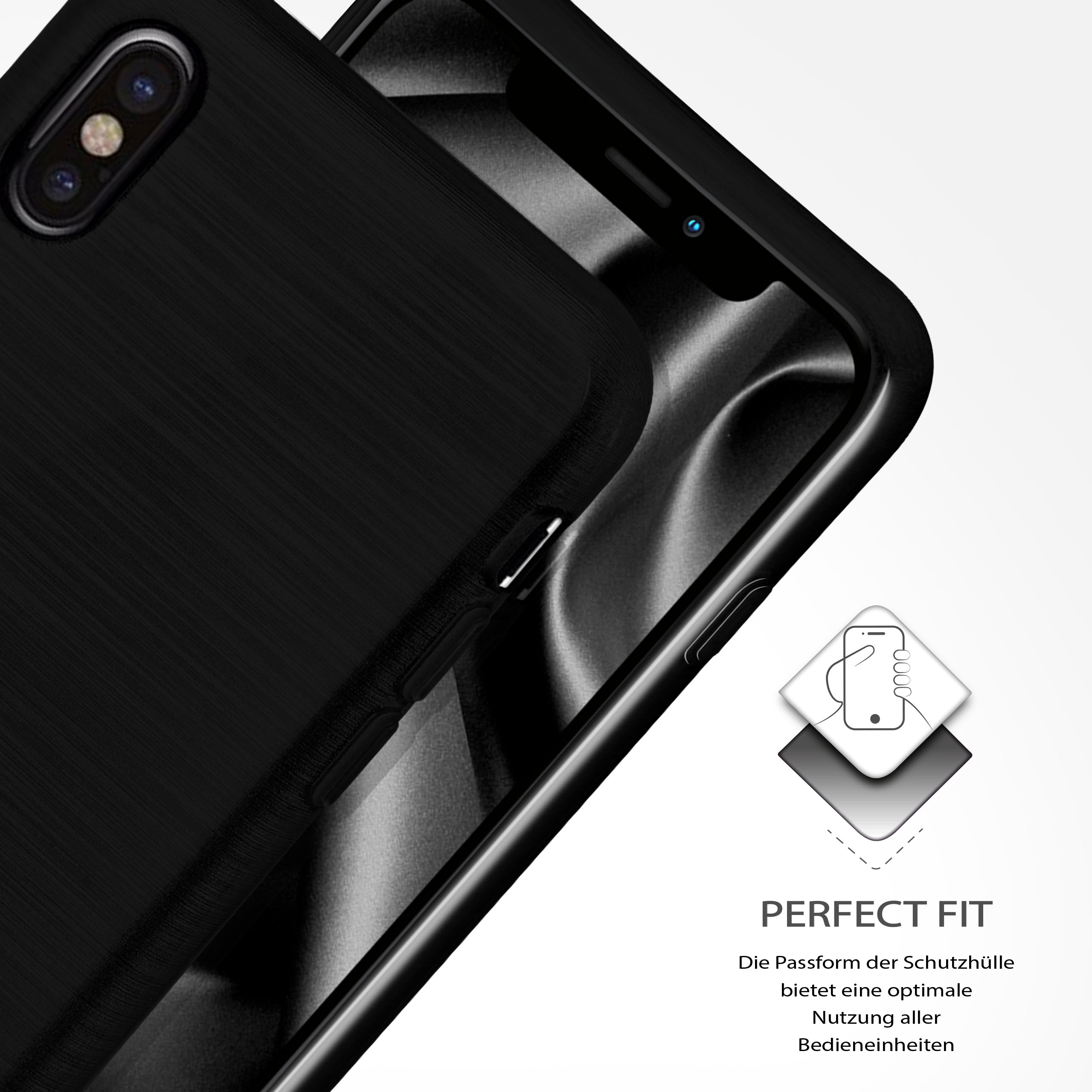 Schwarze Handyhülle mit Handy, darunter der Text 'PERFECT FIT'.