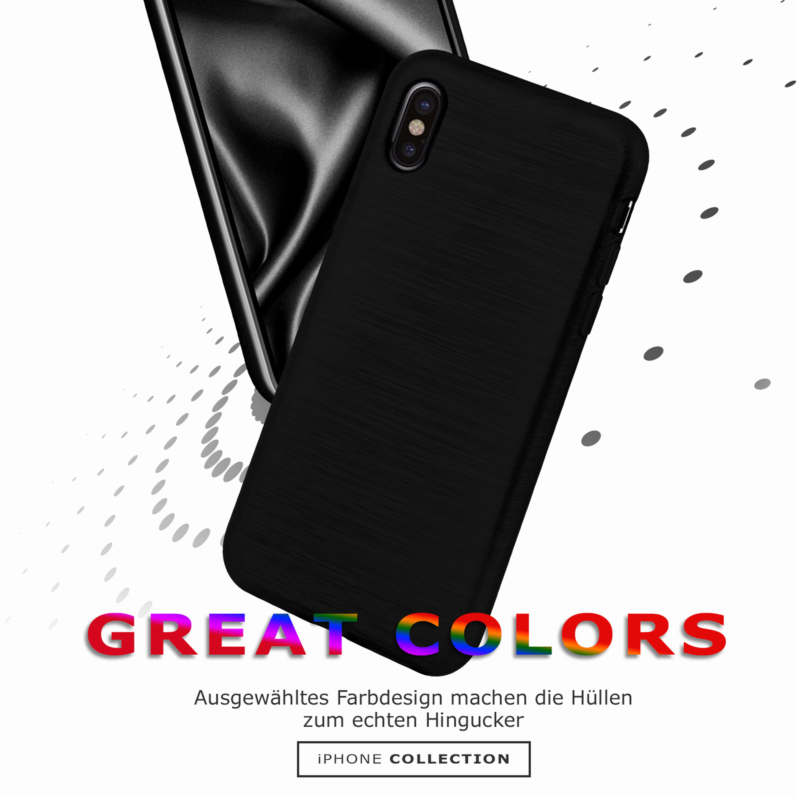 Eine schwarze Handyhülle mit gebürsteter Metalloptik. Die Worte GREAT COLORS in Regenbogenfarben.