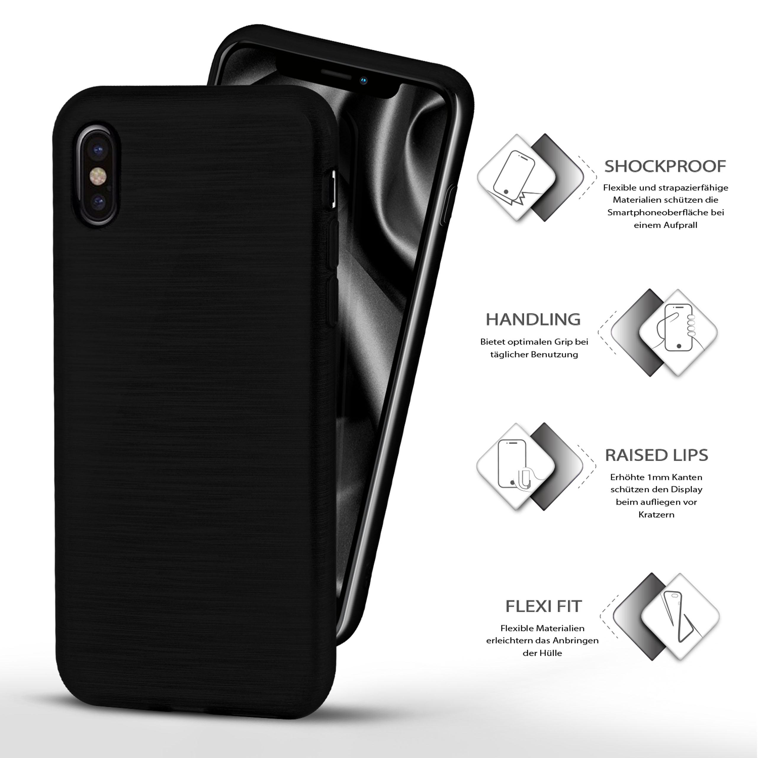 Schwarze Handyhülle auf einem Telefon mit Funktionssymbolen und Text.