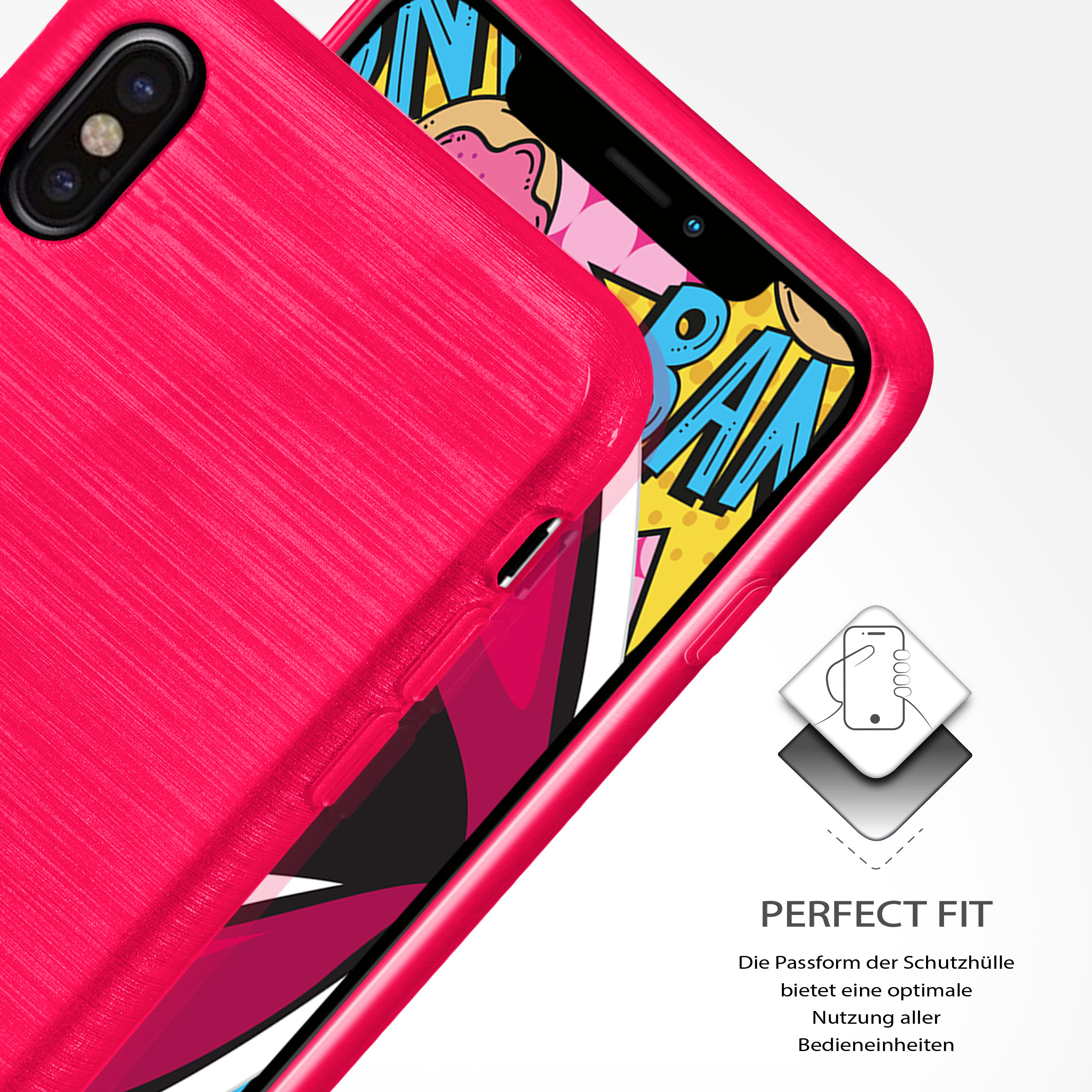 Rote Handyhülle mit einem Telefon, mit dem Text 'PERFECT FIT'.