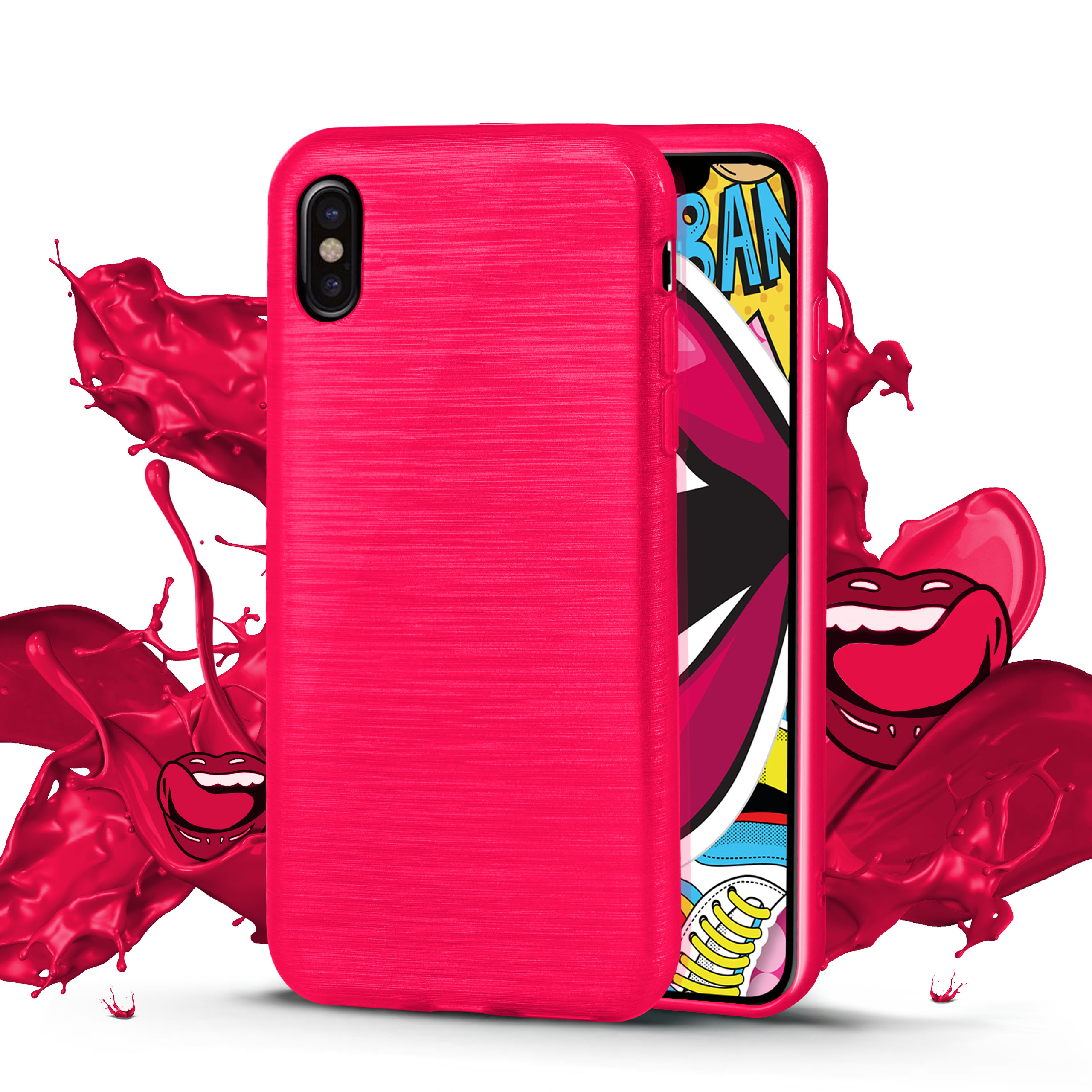 Eine pinke Handyhülle mit einem Telefon darin. Roter Farbspritzer im Hintergrund.