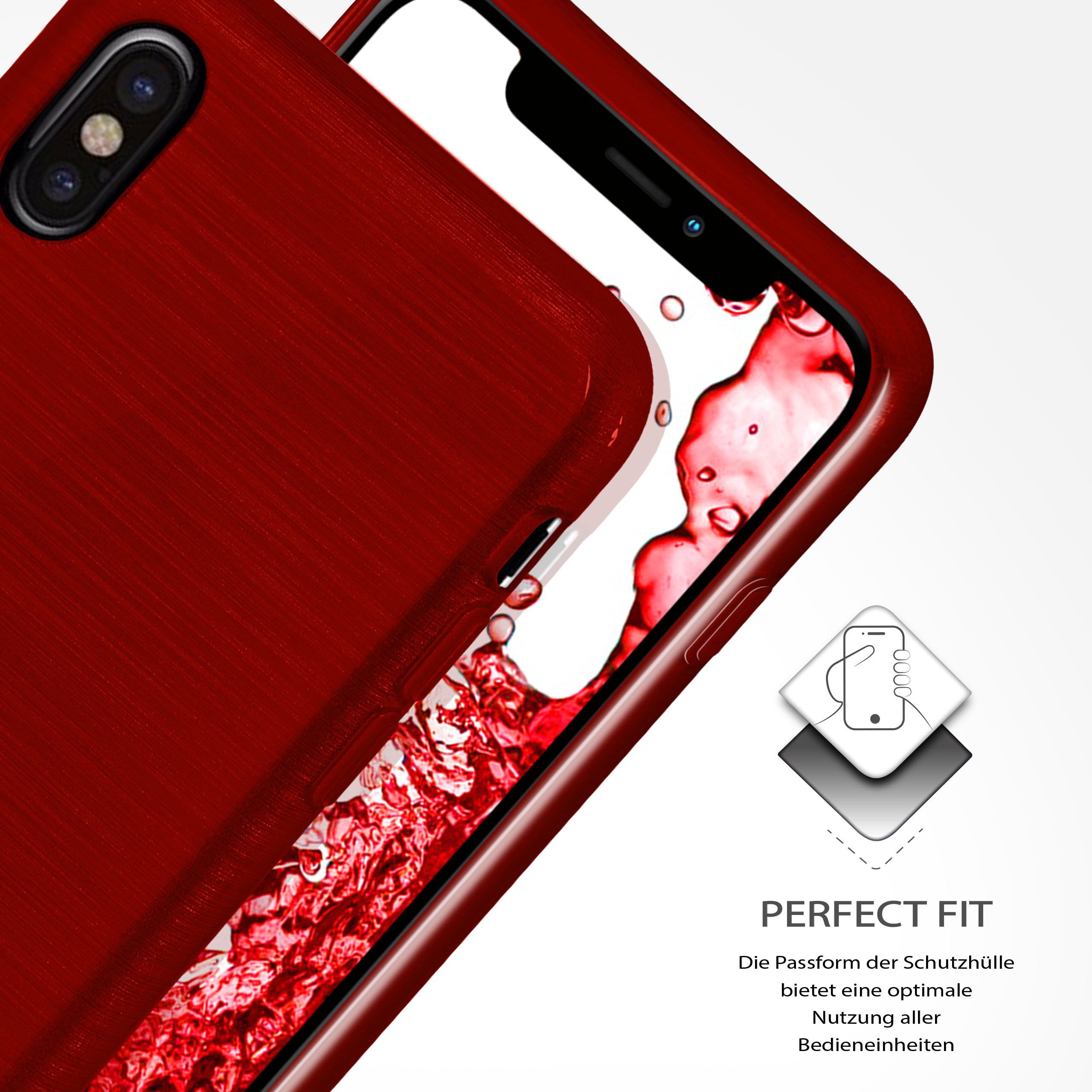 Rote Handyhülle mit dem Telefon darin. Im Hintergrund befindet sich ein Wasserspritzer.
