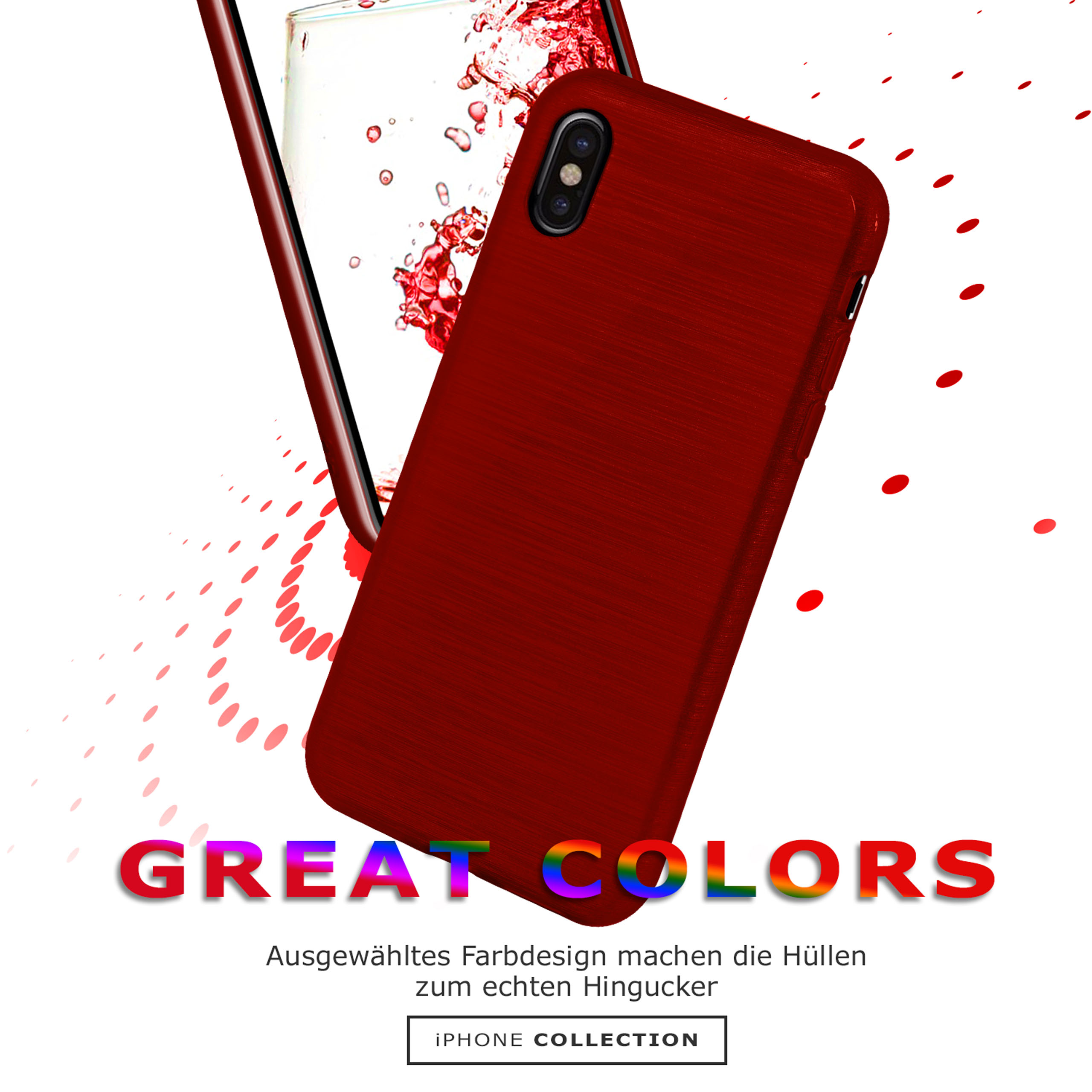 Rote Handyhülle mit gebürsteter Metalltextur und ein Telefon mit rotem Spritzeffekt. Text sagt 'GROSSE FARBEN'.