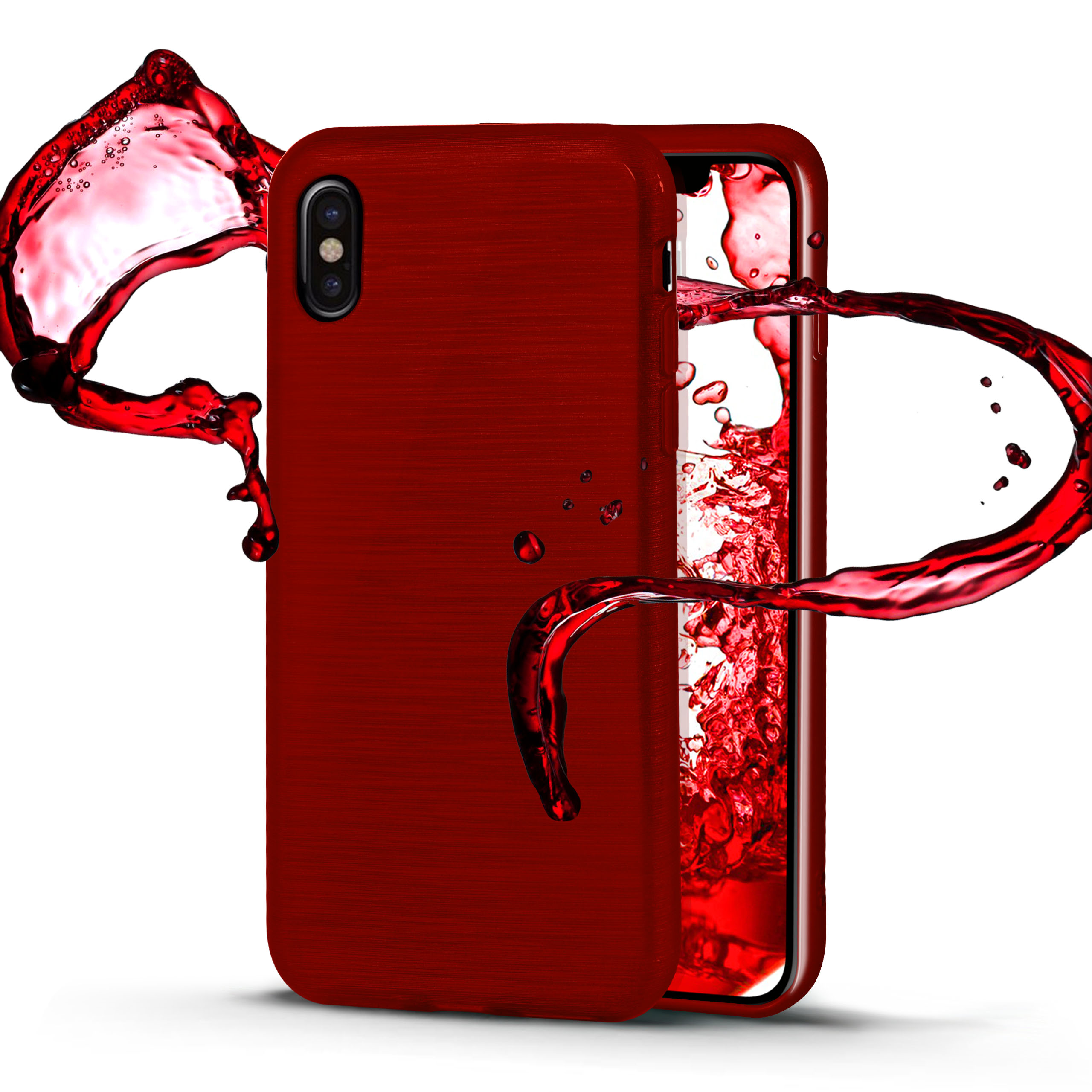 Rote Handyhülle und Telefon. Rote Flüssigkeit spritzt um das Telefon herum.