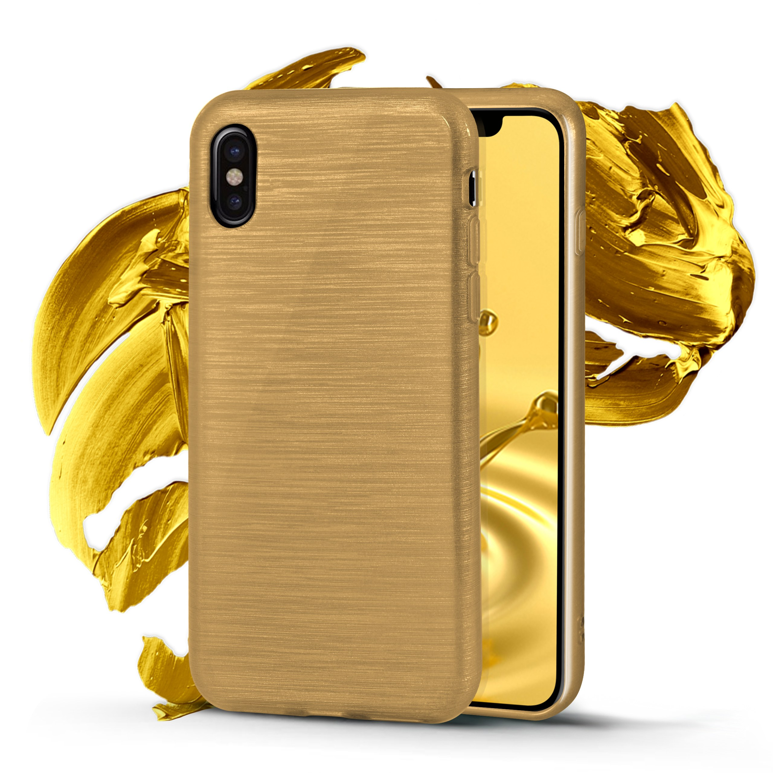 Goldene Handyhülle mit Telefon darin und Text.