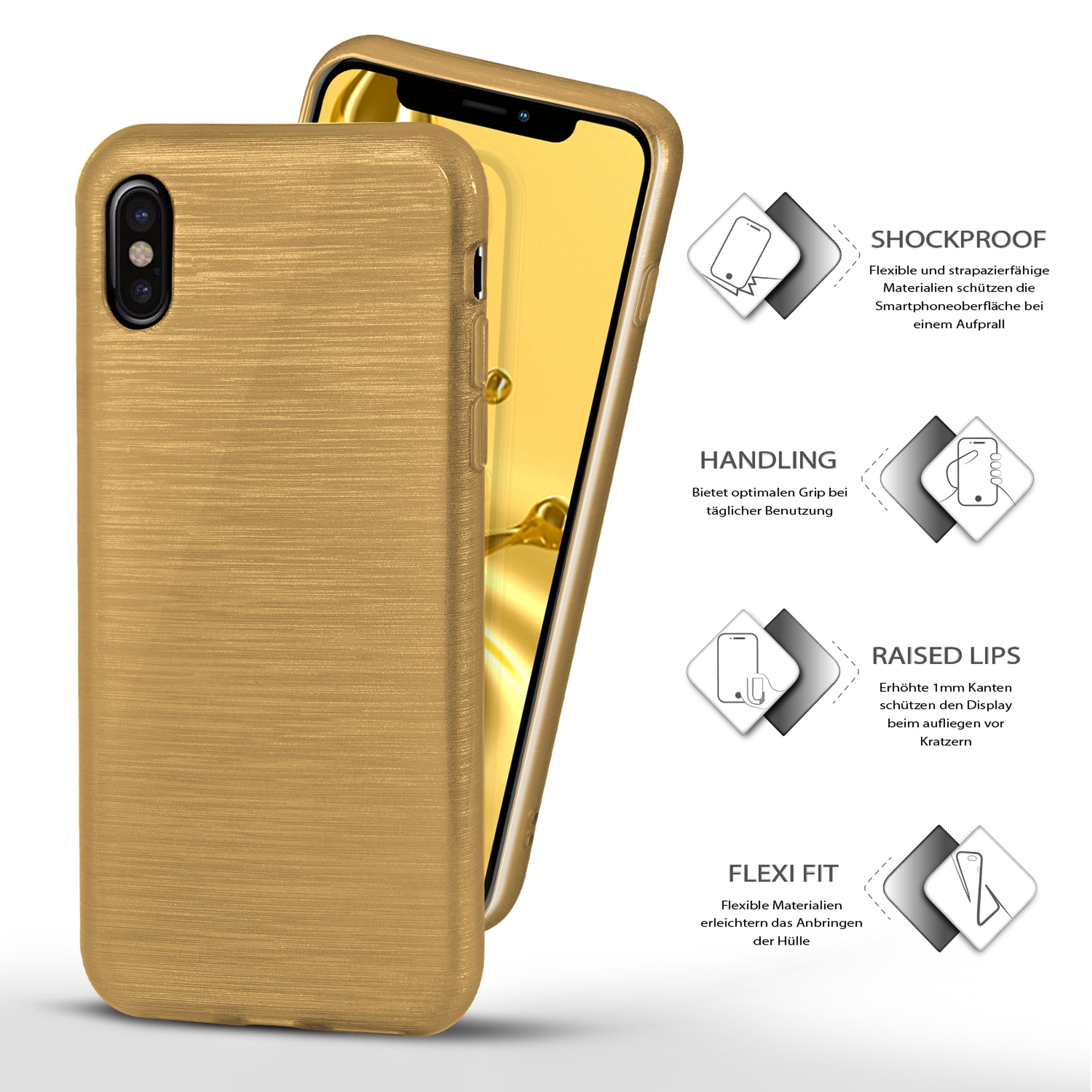 Goldene Handyhülle auf goldenem Telefon. Funktionen: Stoßfest, Handhabung, erhöhte Kanten, Flexi Fit.