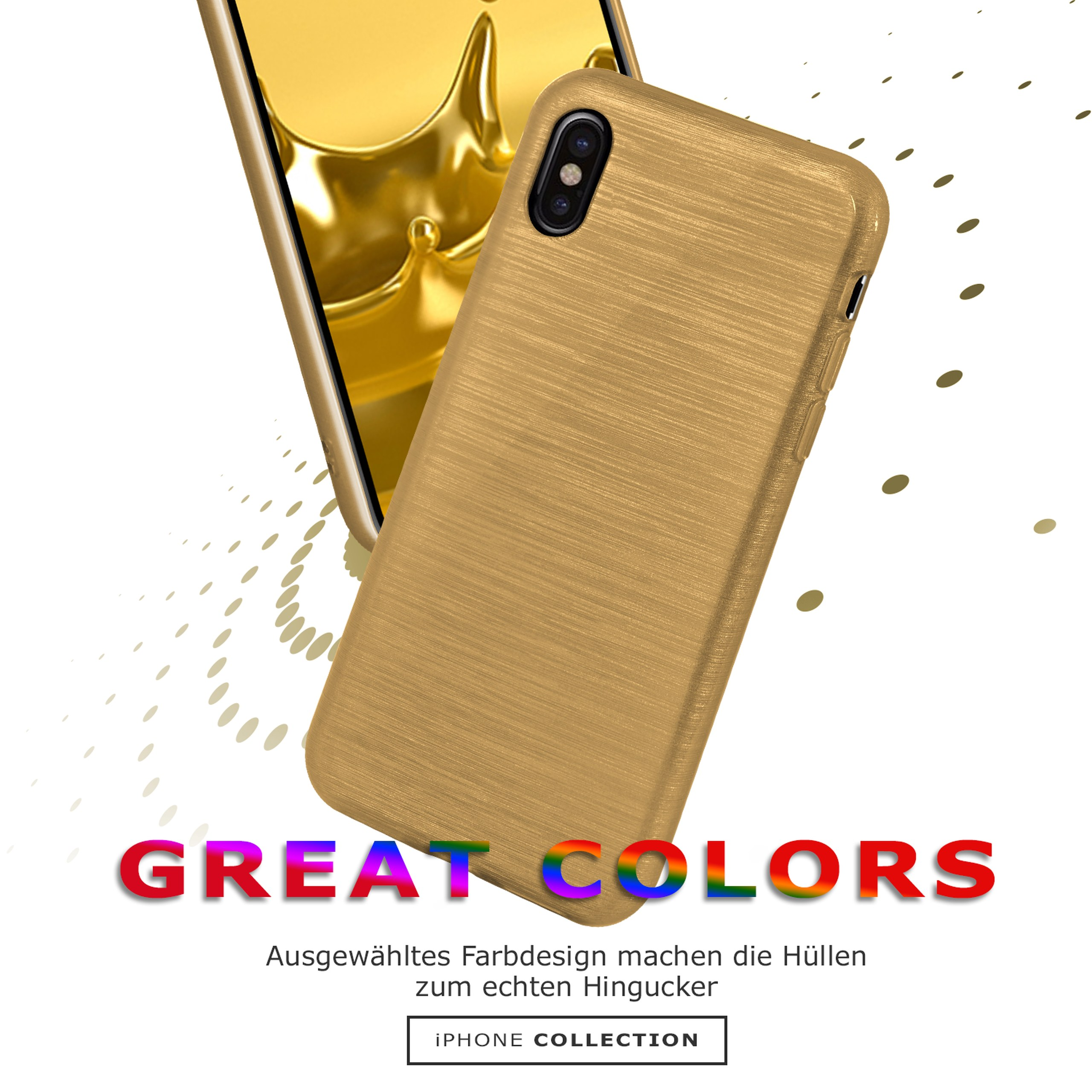 Goldene Handyhülle auf einem Telefon. Text: GREAT COLORS. Produkt aus der iPhone-Kollektion.