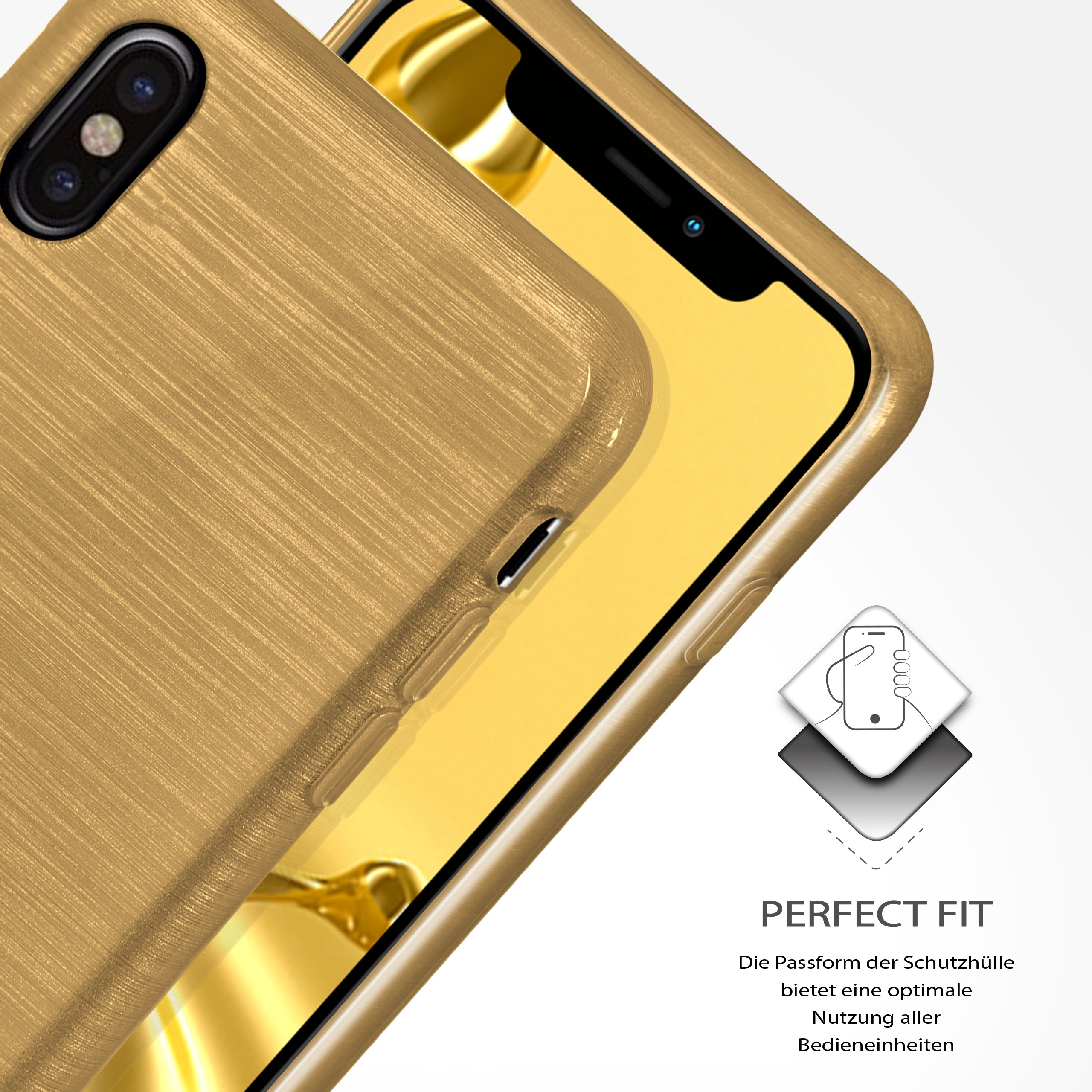 Goldenes Handycase im Winkel, zeigt den Bildschirm des Telefons. Text: 'PERFECT FIT'.