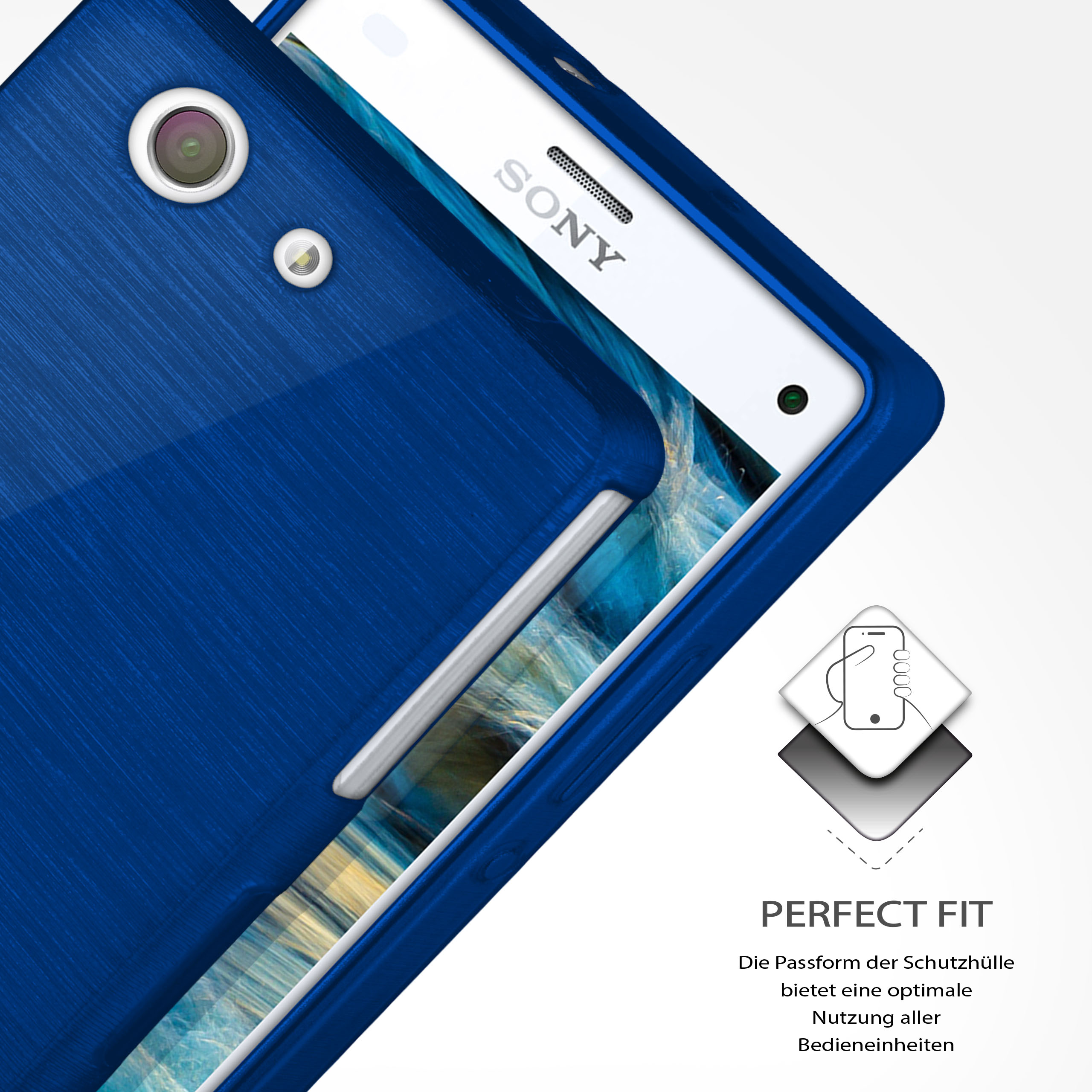 Eine blaue Handyhülle bedeckt ein weißes Telefon. Die Hülle hat eine gebürstete Metallstruktur. Auf dem Telefon steht 'SONY'.