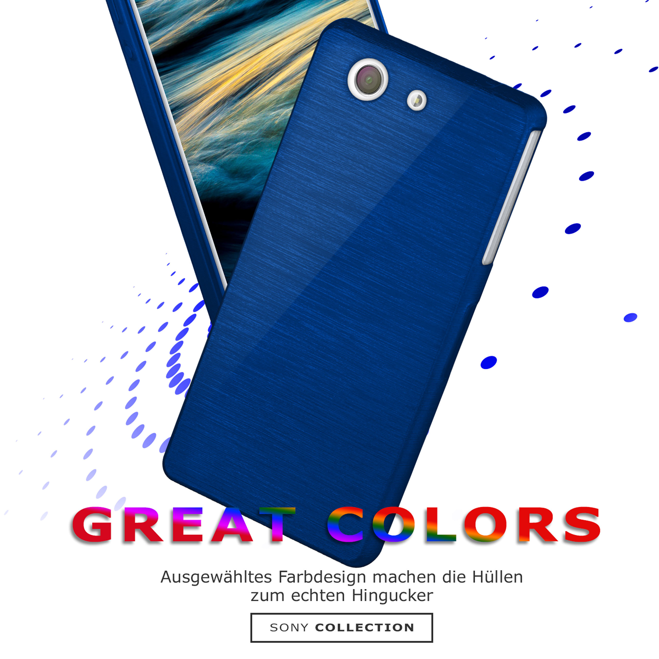 Blaue Handyhülle mit Telefon. 'TOLLE FARBEN'-Text. Weißer Hintergrund. Sony Collection.