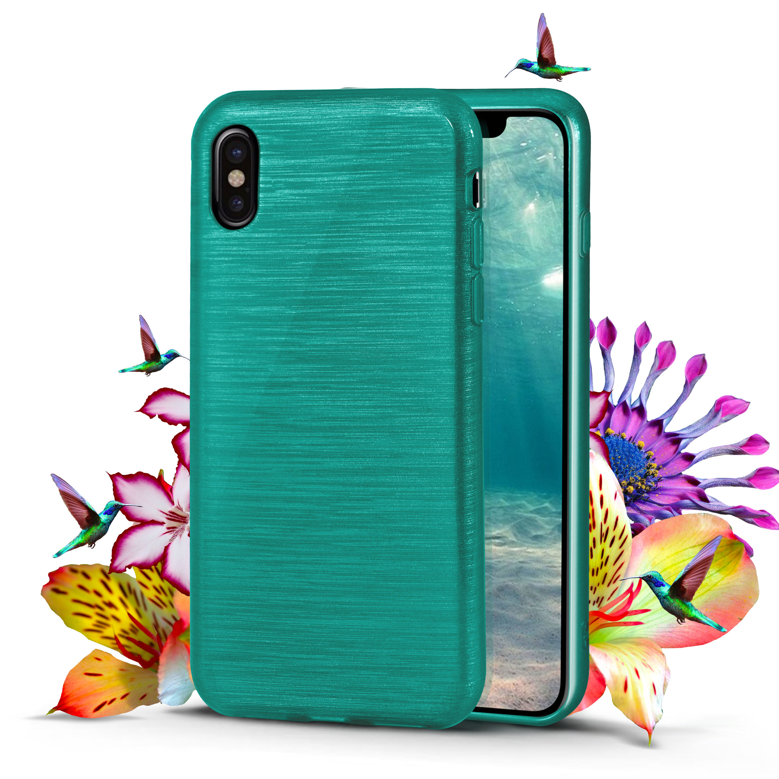 Grüne Handyhülle mit Blumen und Kolibris um ein Telefon. Das Telefon ist in der Hülle sichtbar.