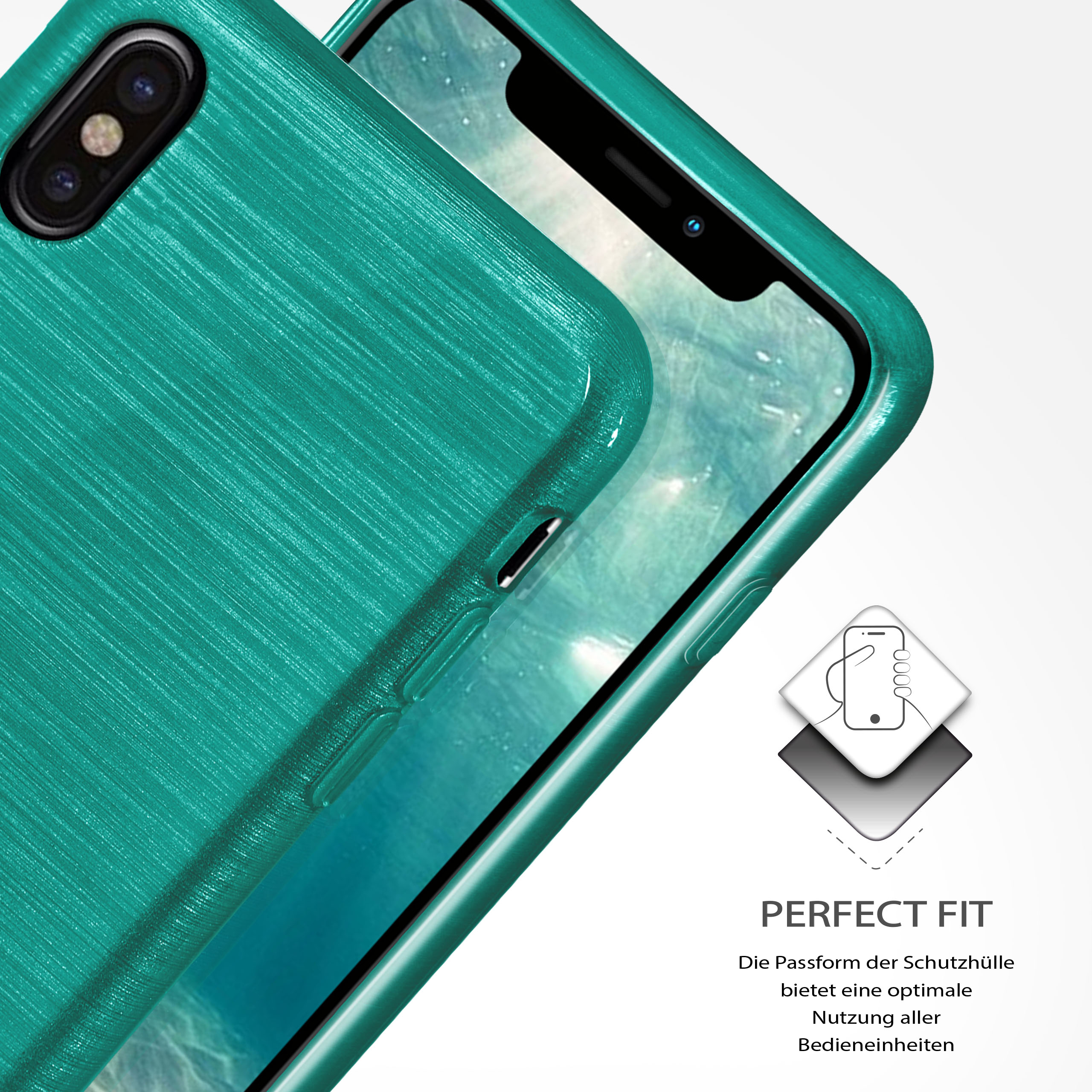 Türkisfarbene Handyhülle auf einem Telefon, abgewinkelt. Text 'PERFECT FIT' und Symbol.