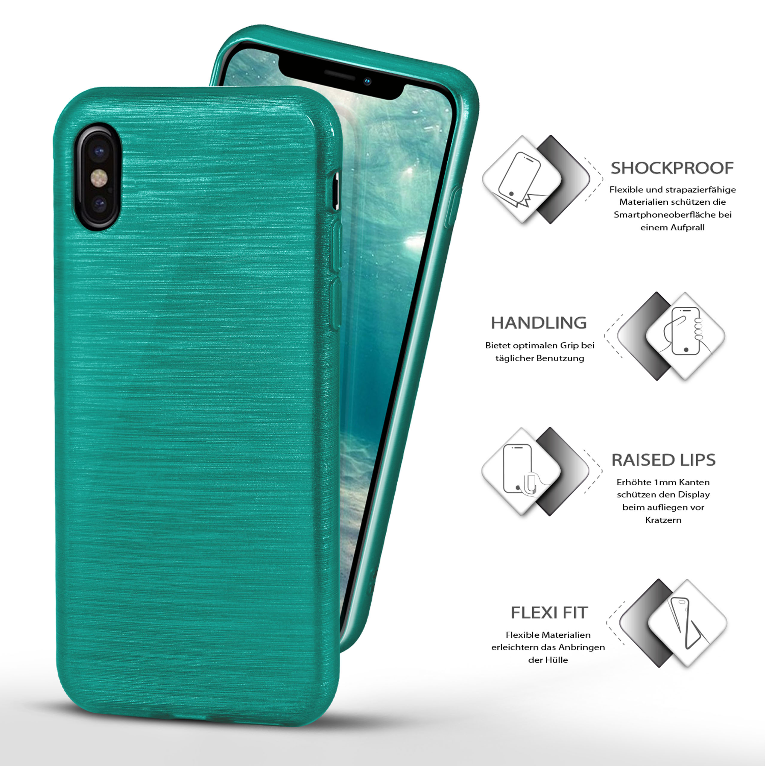Grüne Handyhülle und Telefon mit Text: SHOCKPROOF, HANDLING, RAISED LIPS, FLEXI FIT.