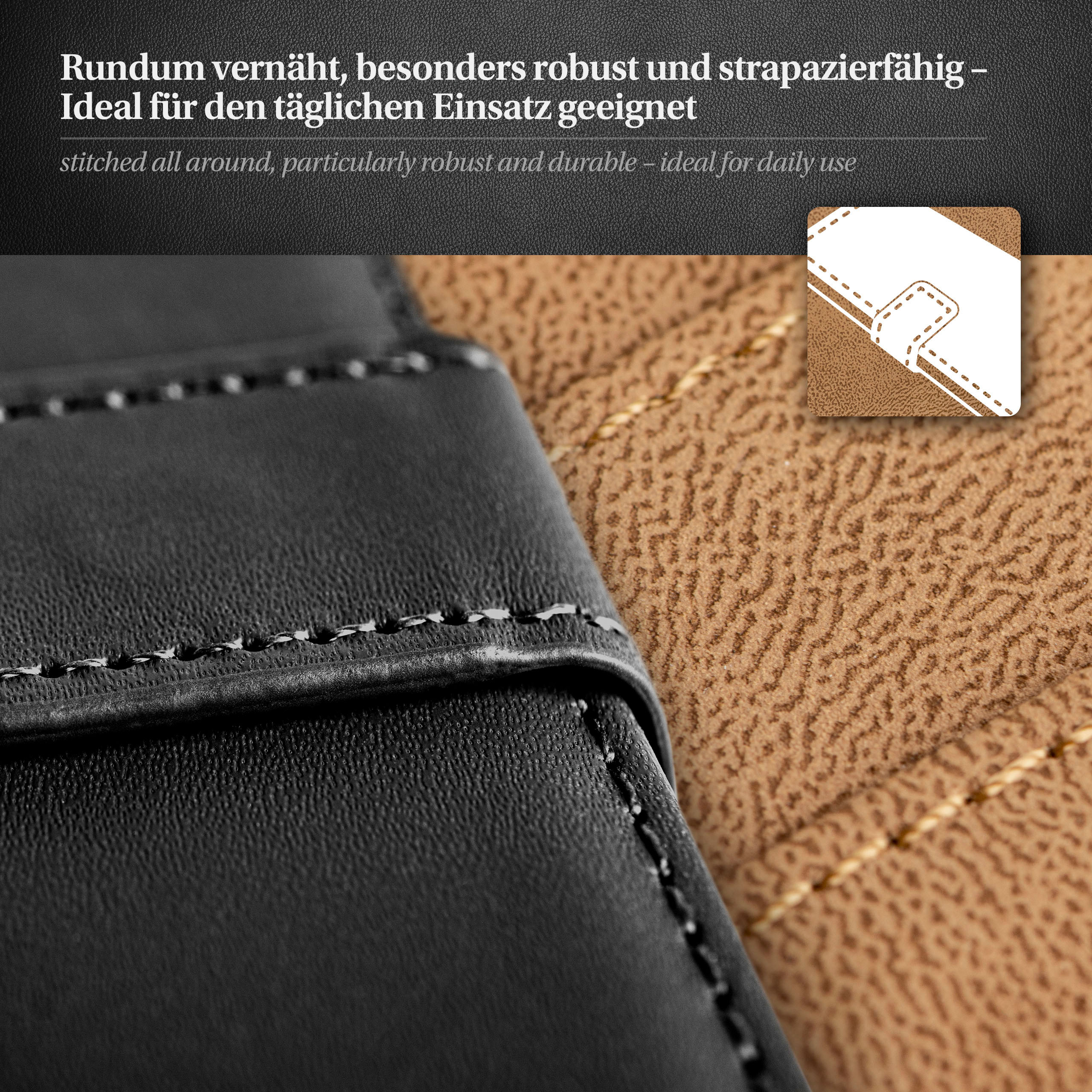Nahaufnahme einer genähten schwarzen Leder-Geldbörsenhülle mit braunem Lederinnenraum.