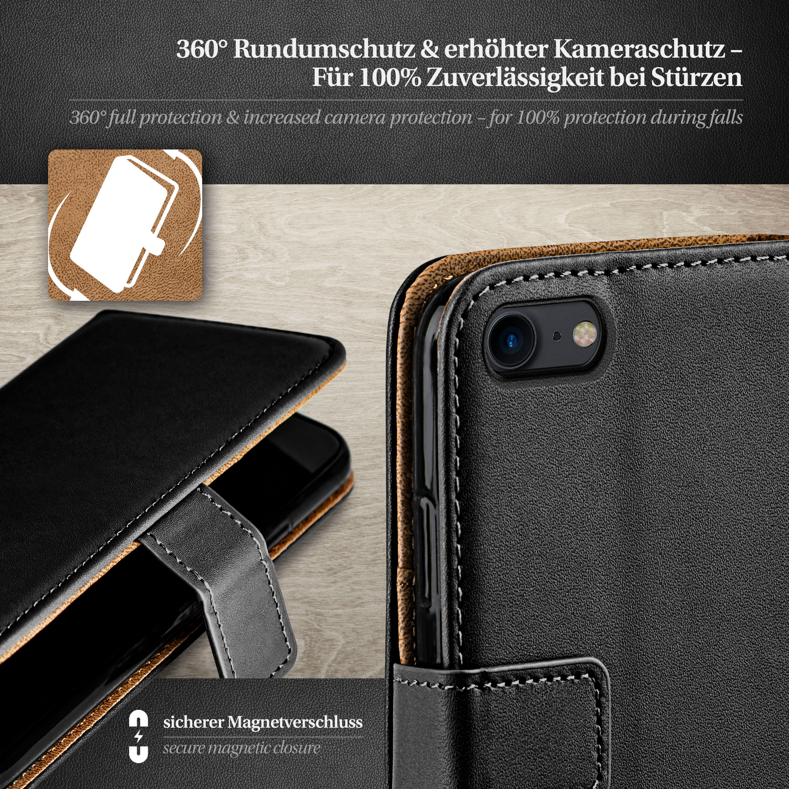 Schwarze Handyhülle mit Nahtdetails. Braunes Lederinterieur. Die Hülle ist offen. Der Hintergrund ist Holz.