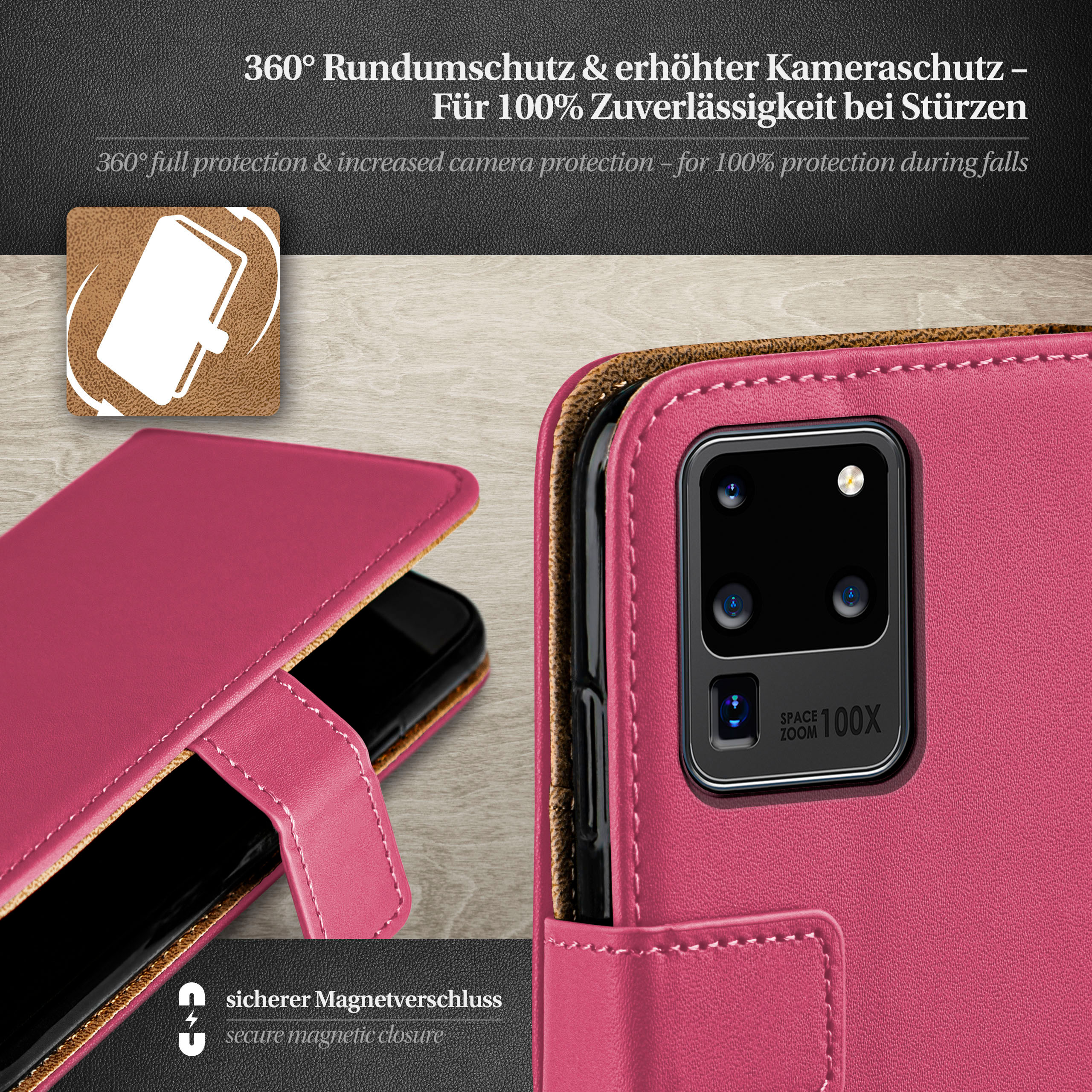 Rosa Handyhülle mit Magnetverschluss, zeigt ein Telefon und seine Funktionen.