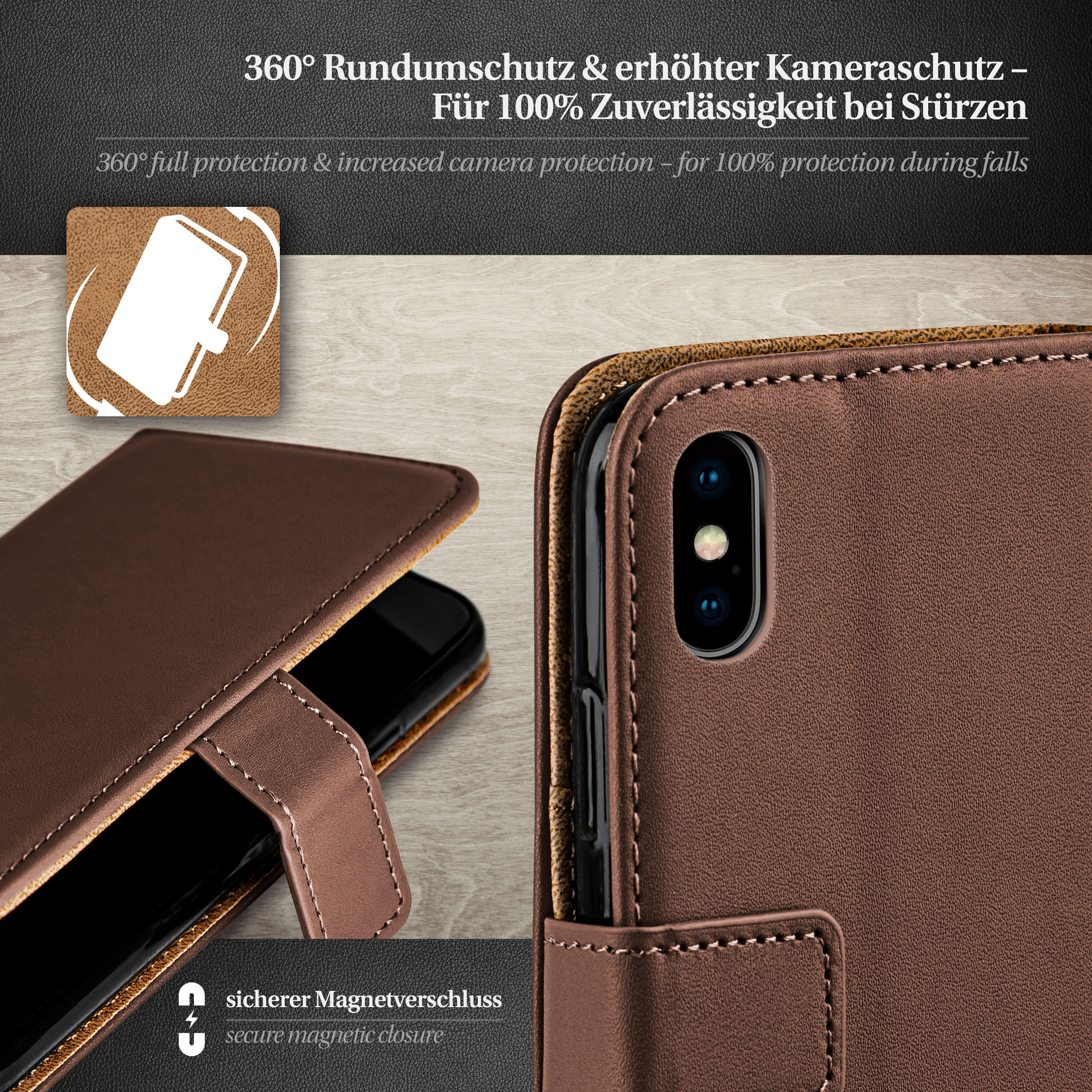 Leder-Handyhülle mit Telefon. Nahaufnahme, braune und schwarze Farben. Text-Overlay.