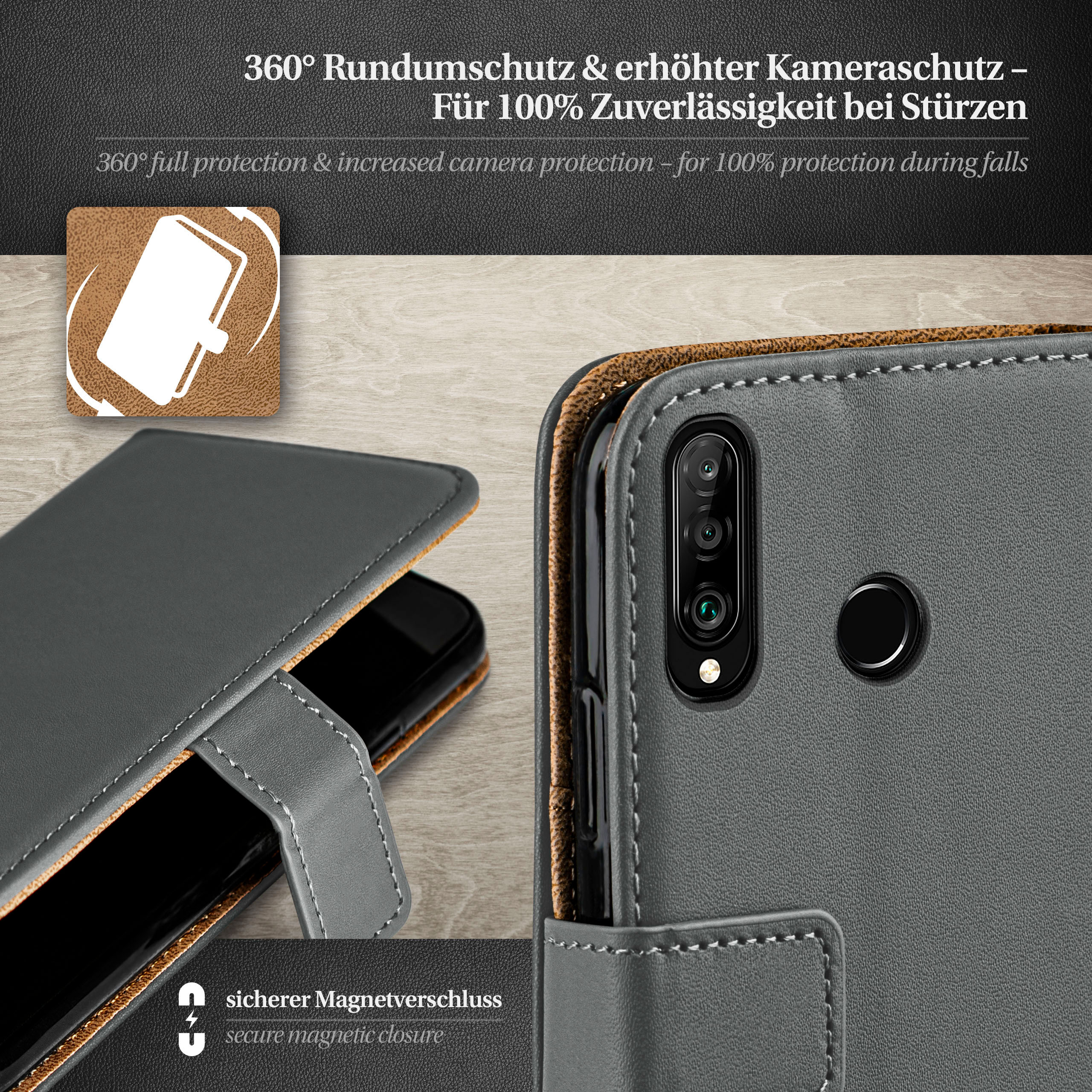 Graue Handyhülle mit geschlossenem Deckel, zeigt die Rückseite des Telefons. Text beschreibt Features.