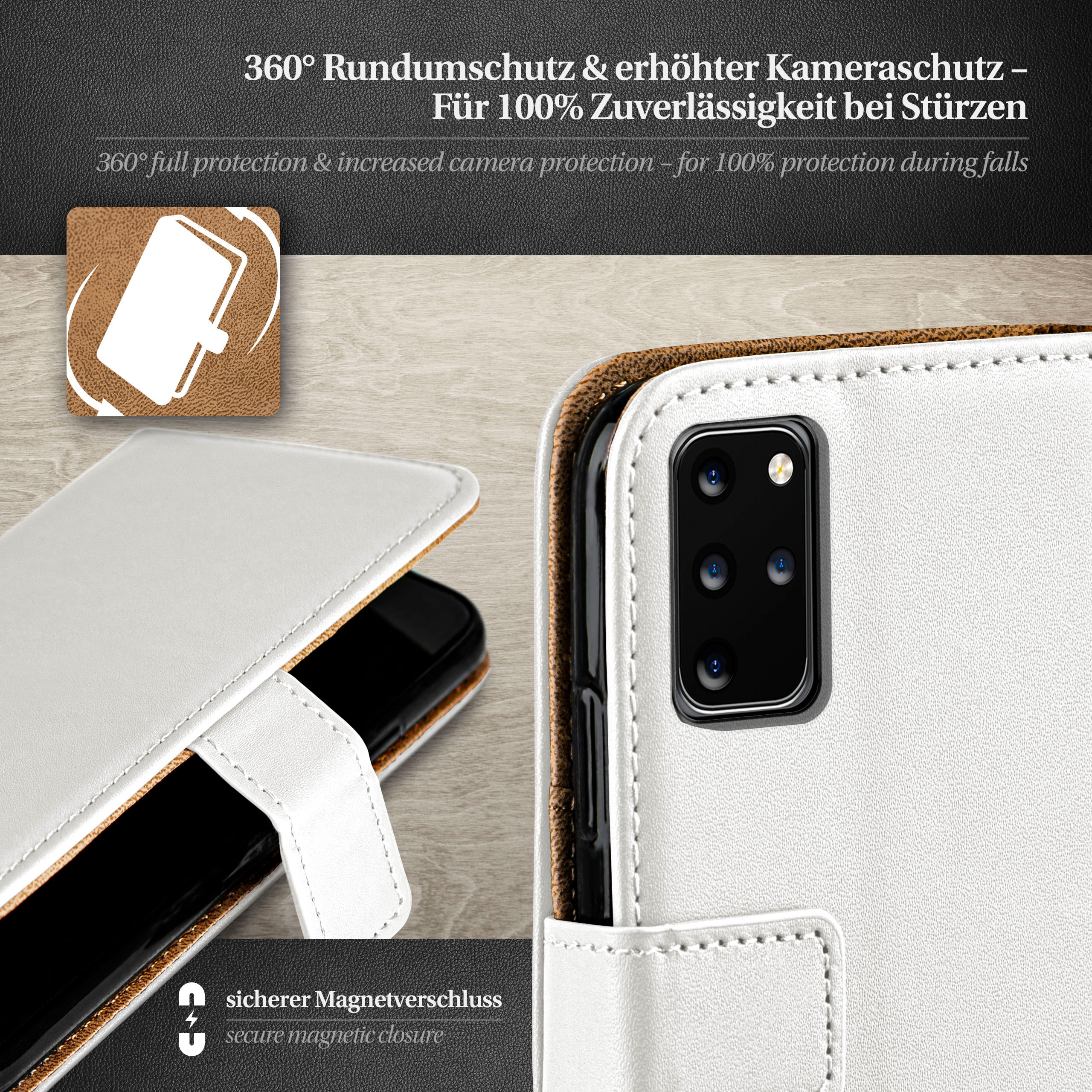 Weiße Handyhülle mit Telefon, geöffnet. Text sagt '360° Schutz' und 'sicherer Magnetverschluss'.