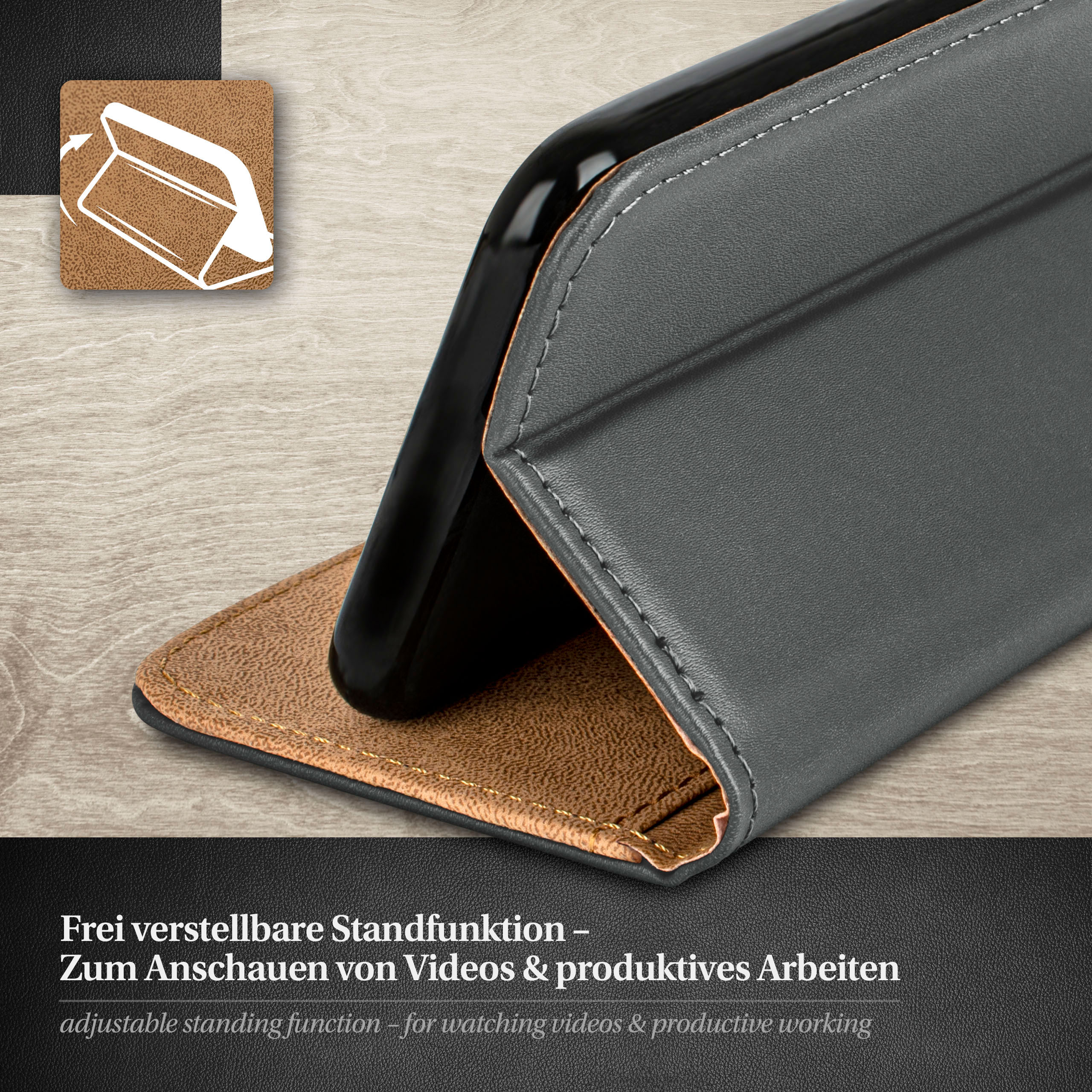 Ein Telefon in einer grauen Hülle. Die Hülle öffnet sich und zeigt das Telefon auf einem Holztisch.