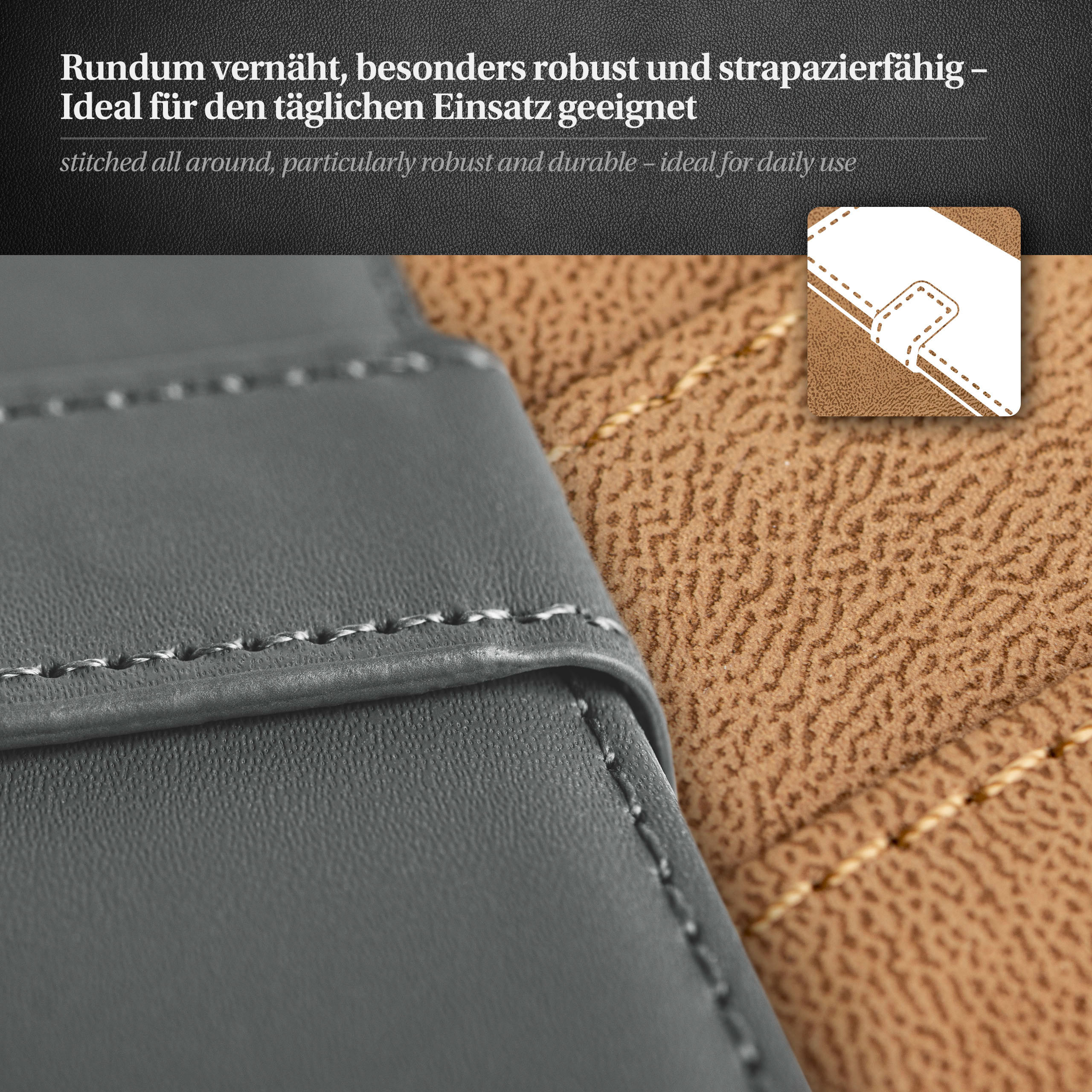 Nahaufnahme einer genähten, grauen Hülle. Die Hülle ist geöffnet und zeigt einen braunen, strukturierten Innenraum.