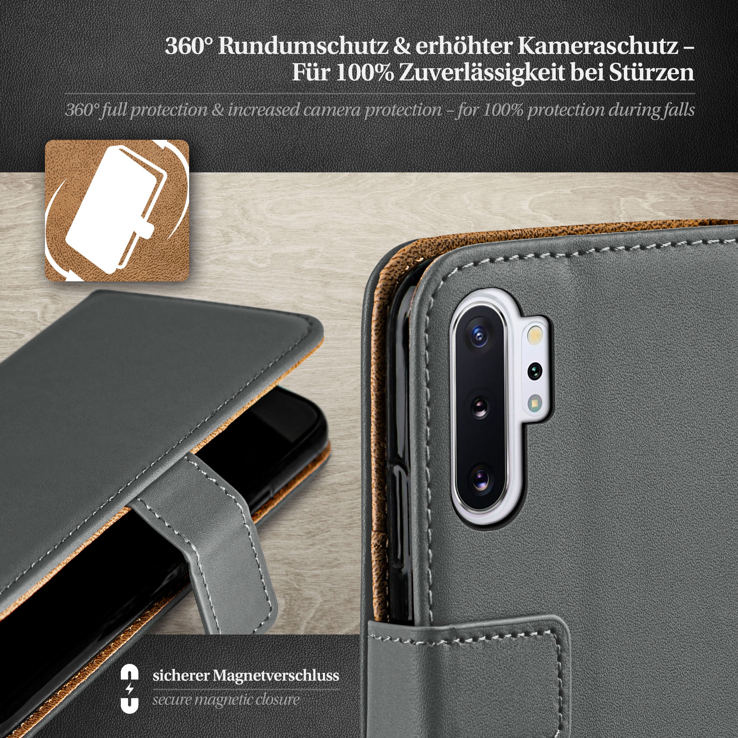Graue Handyhülle mit Telefon. Text: 360° Schutz und sicherer Magnetverschluss.
