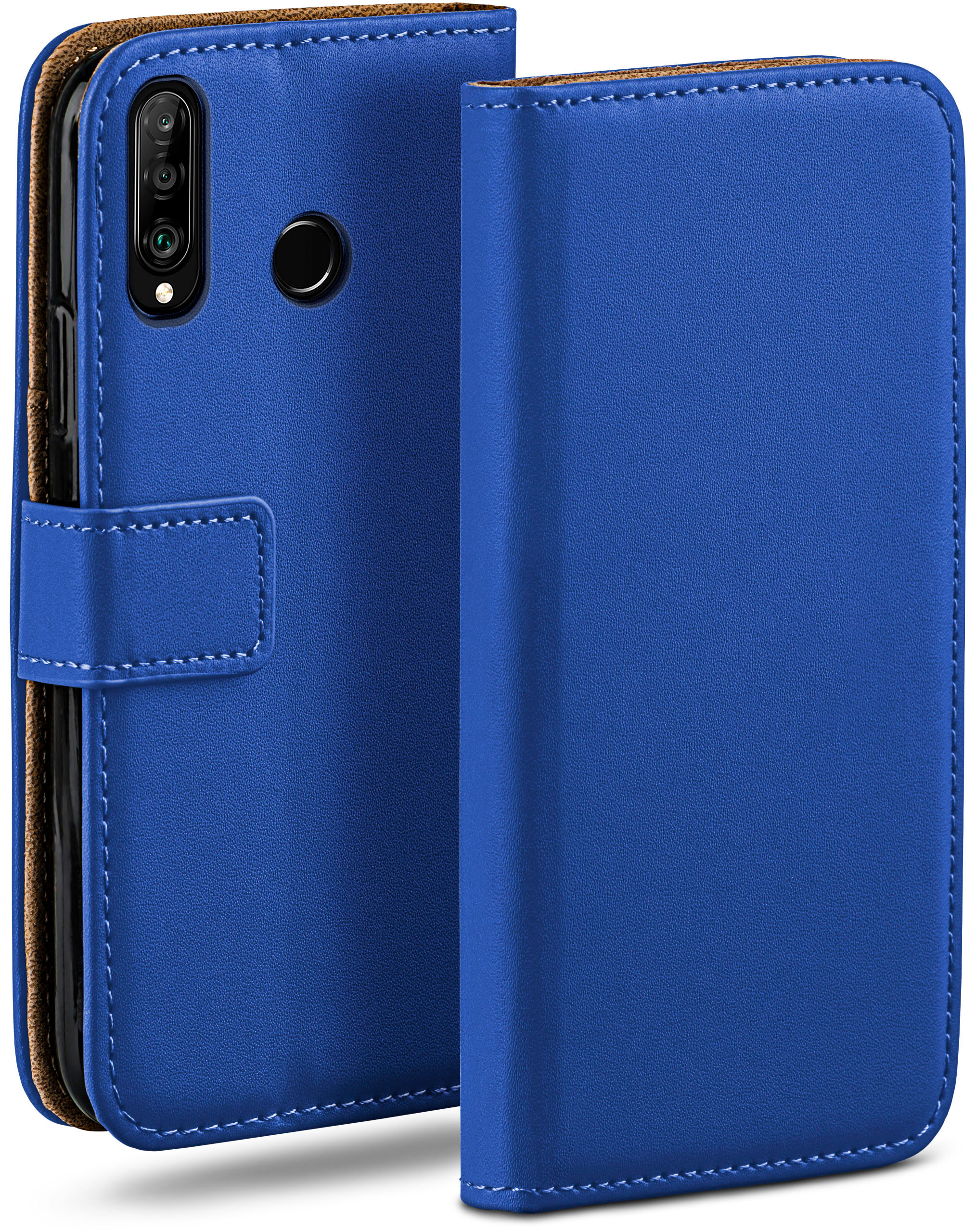 Blaue Leder-Handyhülle. Telefon ist innen.
