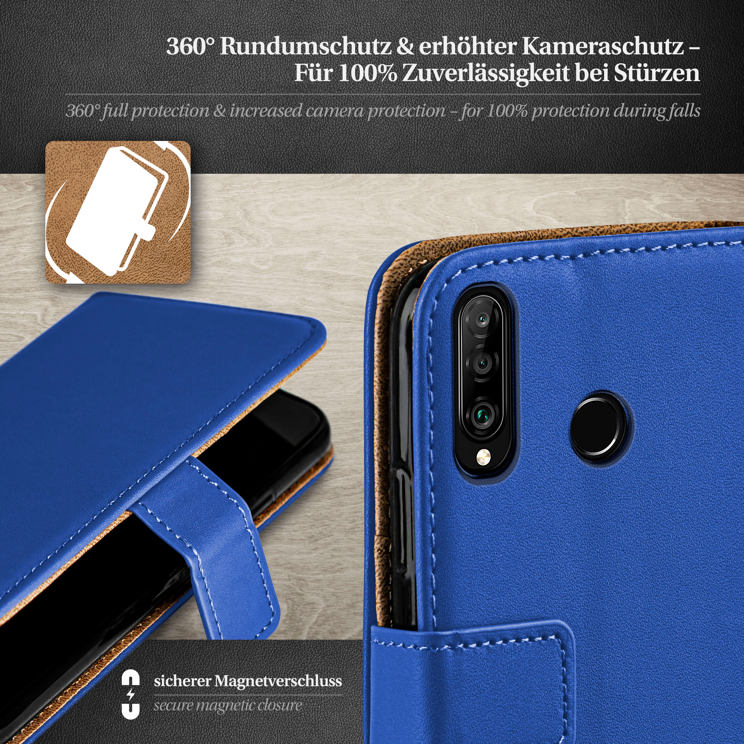 Blaue Handyhülle geöffnet, um ein schwarzes Telefon zu zeigen. Die Hülle liegt auf Holz.