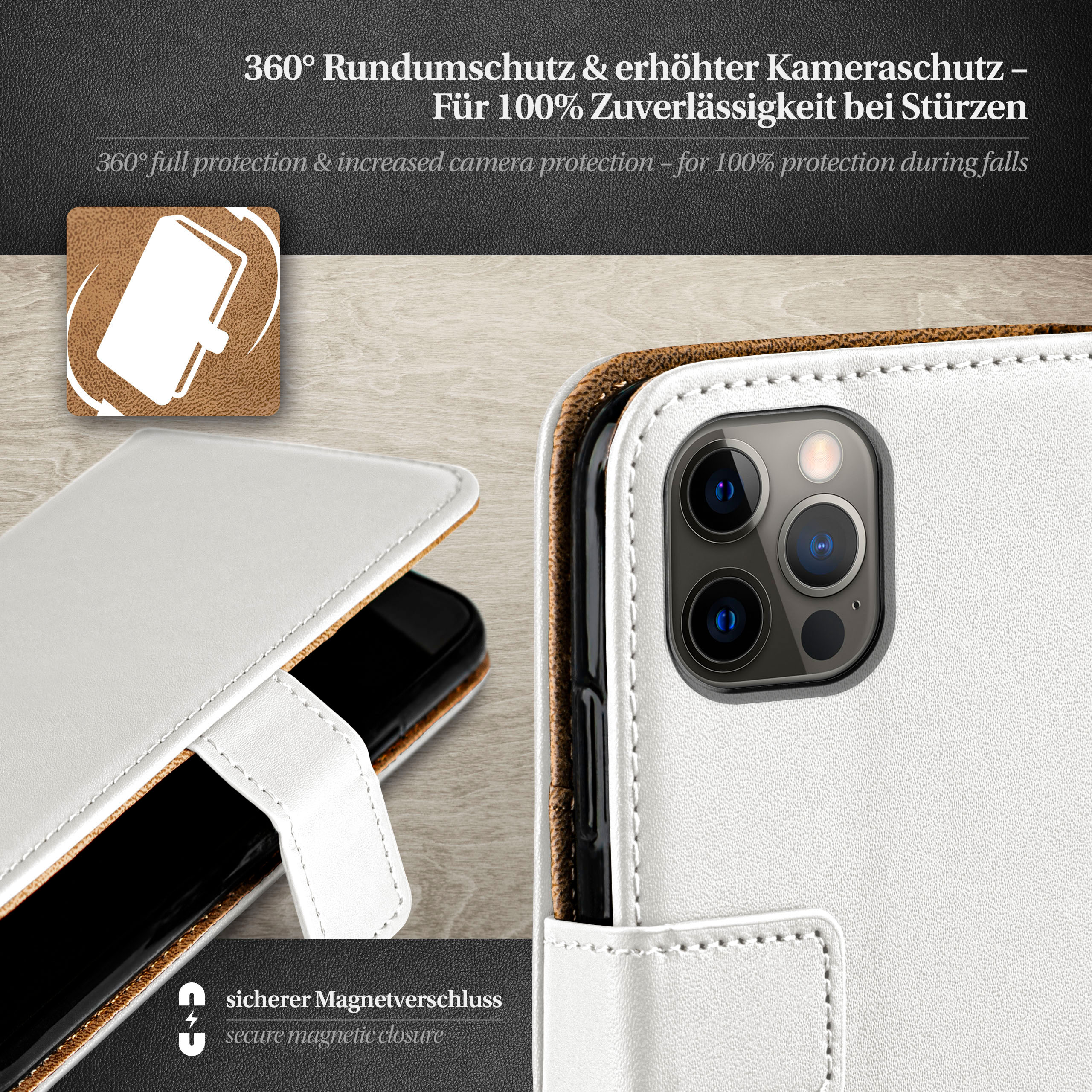 Eine weiße Handyhülle mit einem Telefon darin, mit Text über Schutz und einem Magnetverschluss.