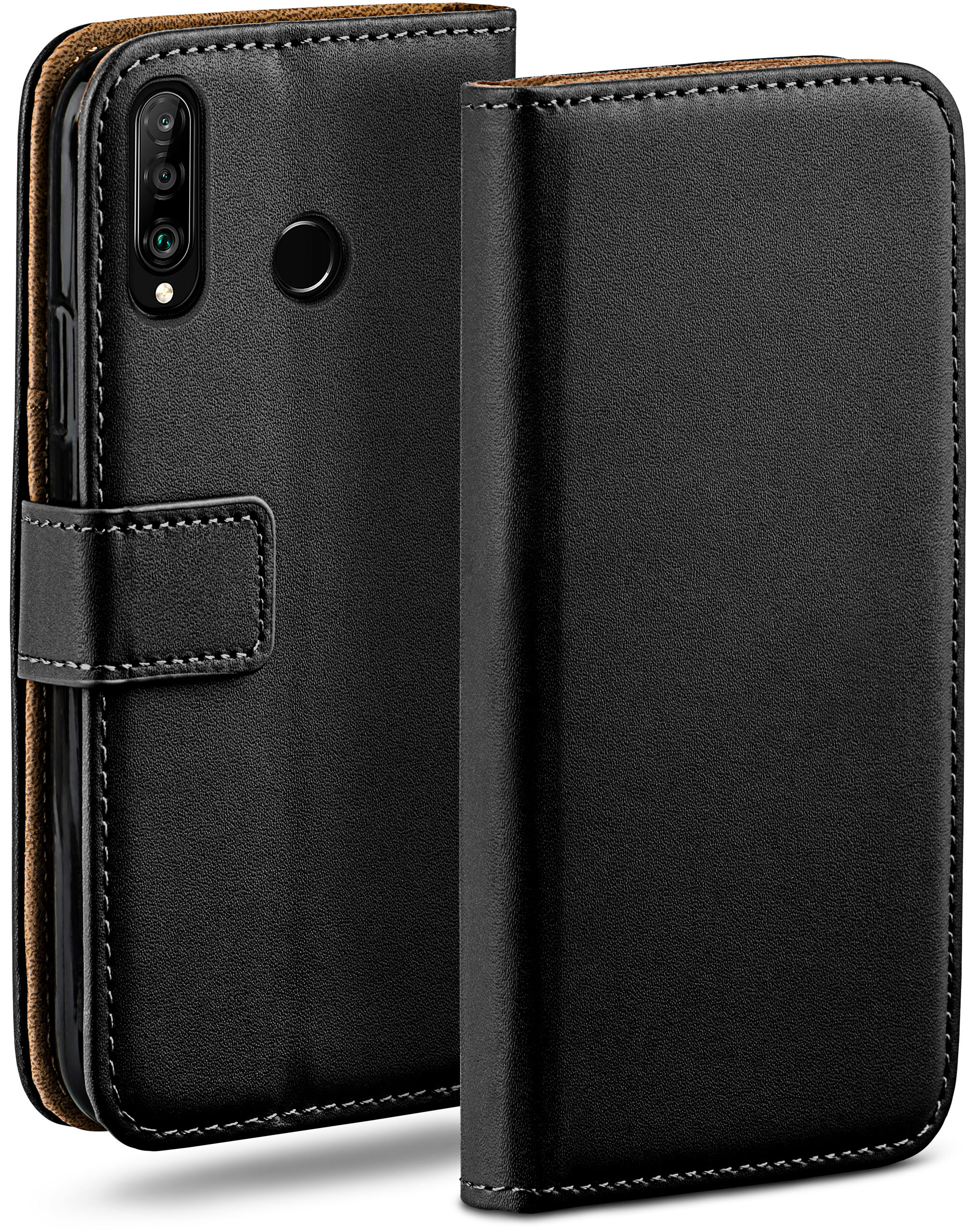 Eine schwarze Leder-Handyhülle mit einem Telefon darin. Sie hat einen Verschluss und Nähte.