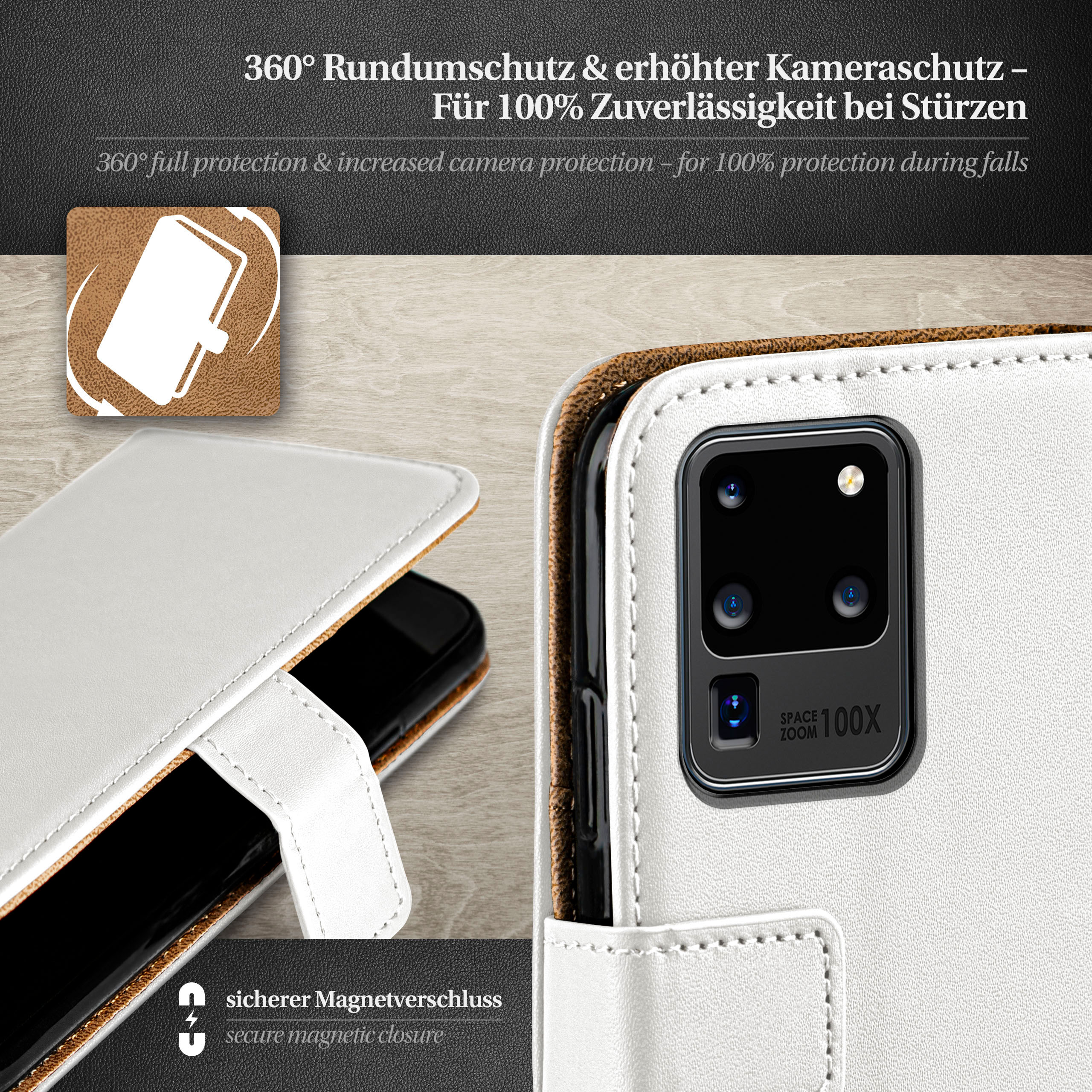 Weißes Handycase mit schwarzem Telefon. Kameradetail sichtbar. Text: 360 Schutz und sicherer Verschluss.