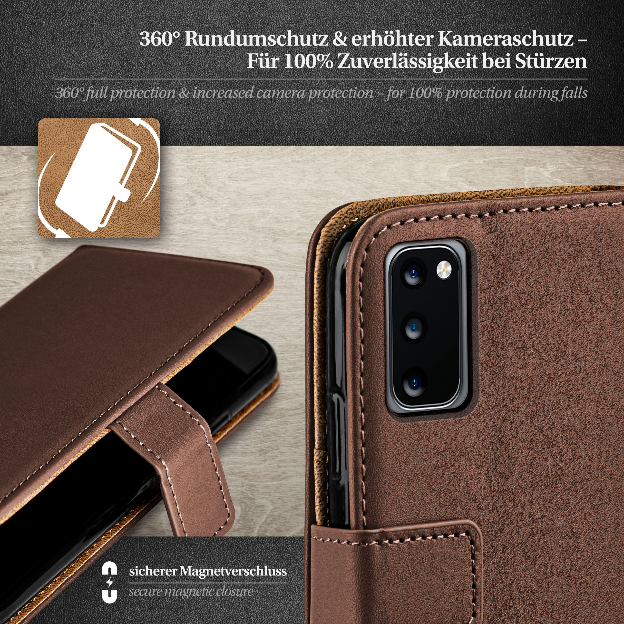 Geöffnete braune Handyhülle mit Telefon. Es hat einen Magnetverschluss.